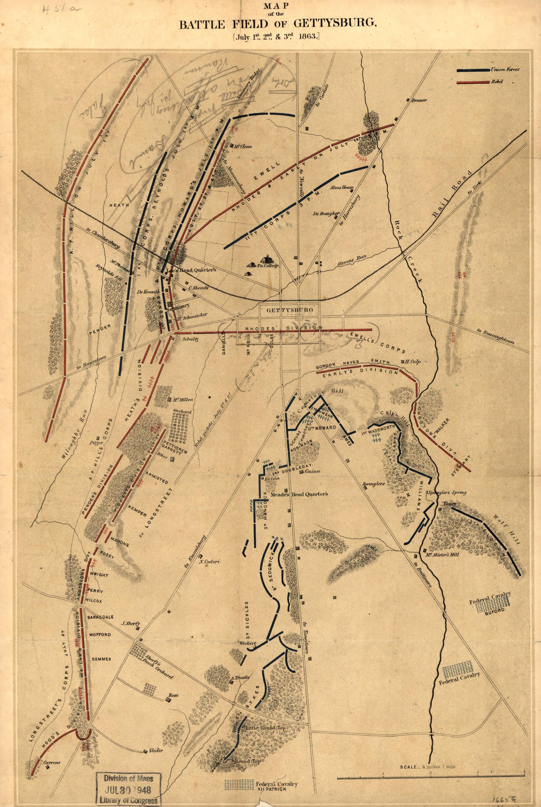 This old map of Map of the Battle Field of Gettysburg. July 1st, 2nd, and 3rd from 1863 was created by  J.B. Lippincott Company in 1863