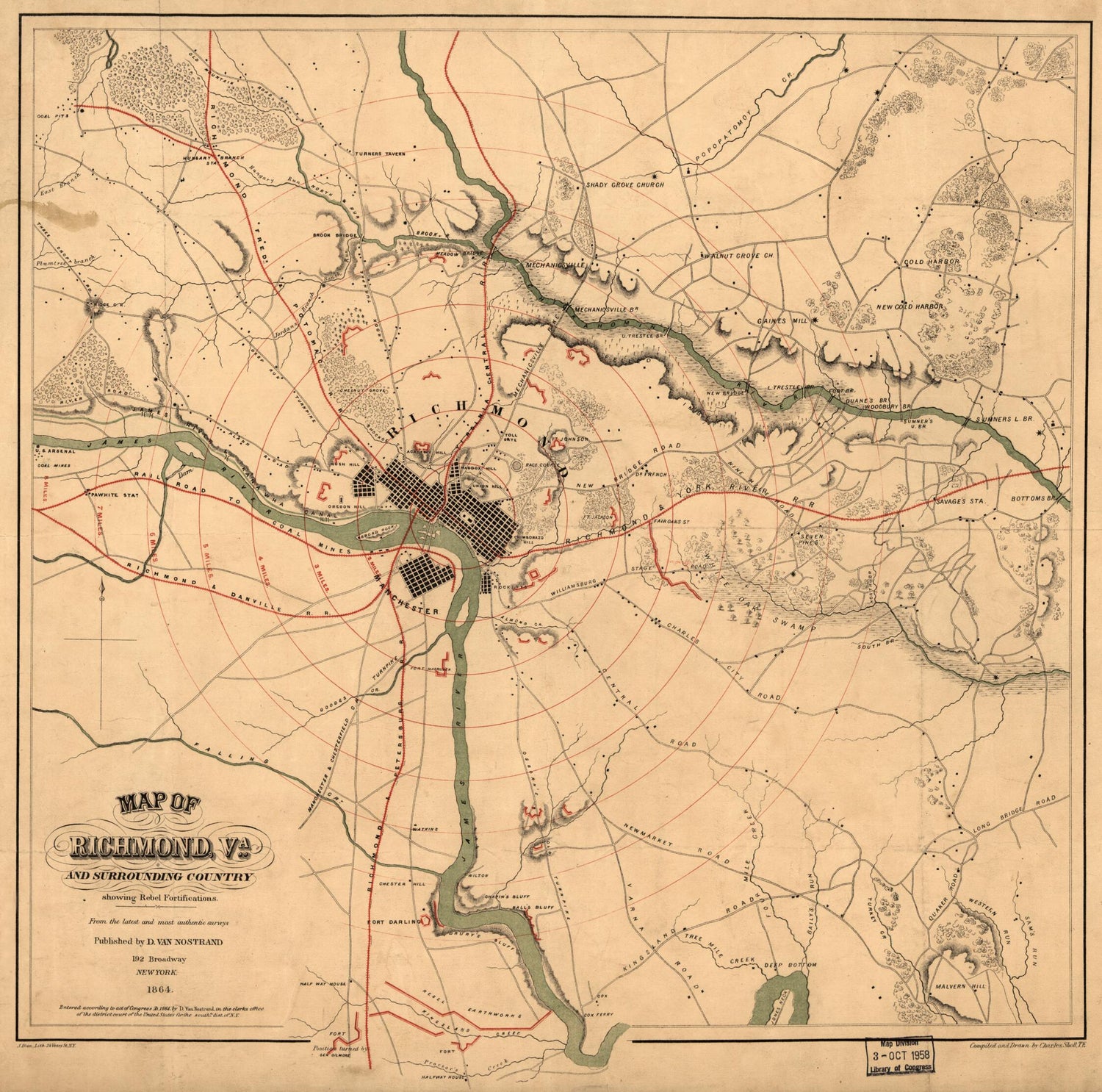 This old map of Map of Richmond, Va., and Surrounding Country Showing Rebel Fortifications from 1864 was created by  D. Van Nostrand Company, Charles Sholl, David Van Nostrand in 1864