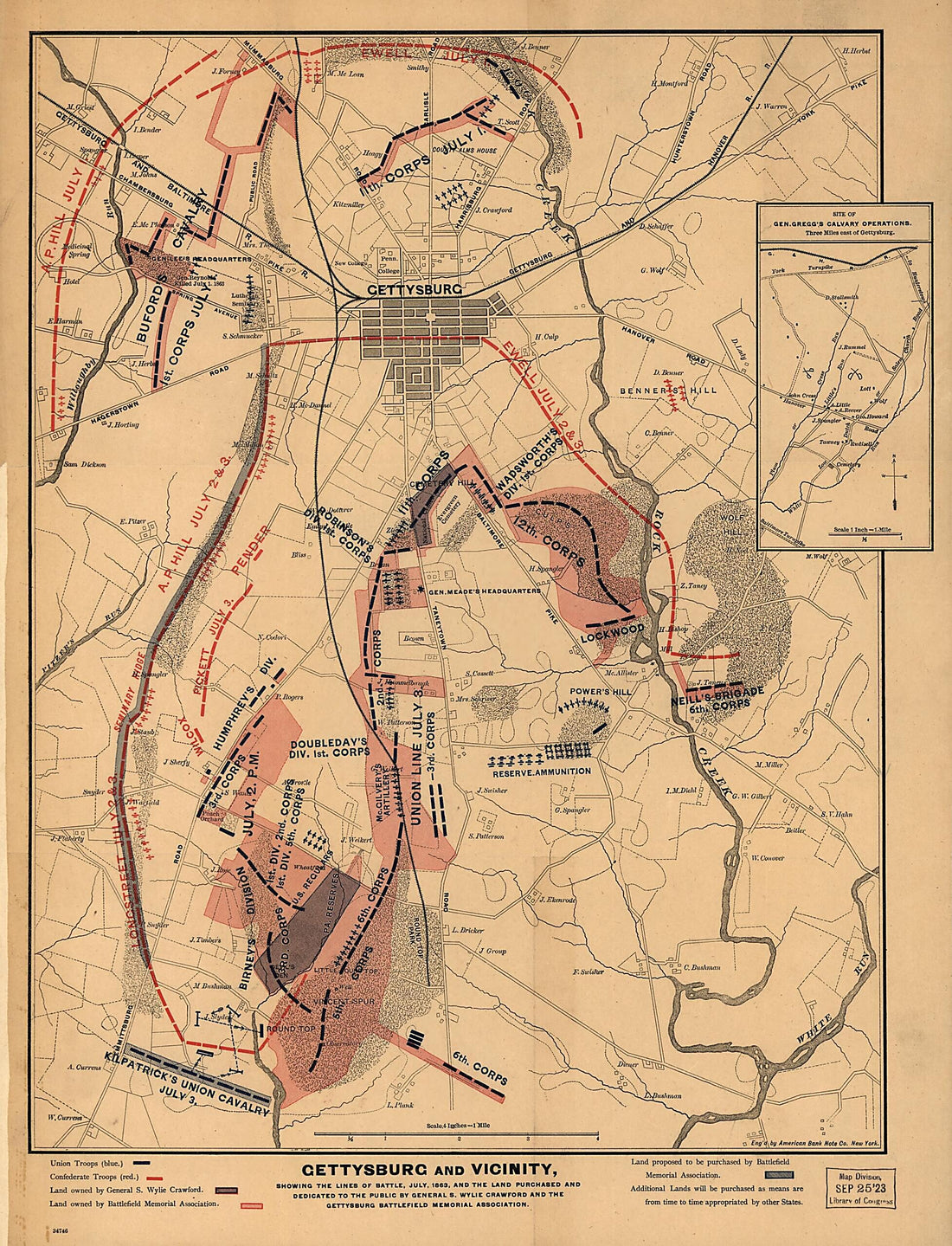 This old map of Gettysburg and Vicinity, Showing the Lines of Battle, July, from 1863, and the Land Purchased and Dedicated to the Public by General S. Wylie Crawford and the Gettysburg Battlefield Memorial Association was created by James T. (James Thom