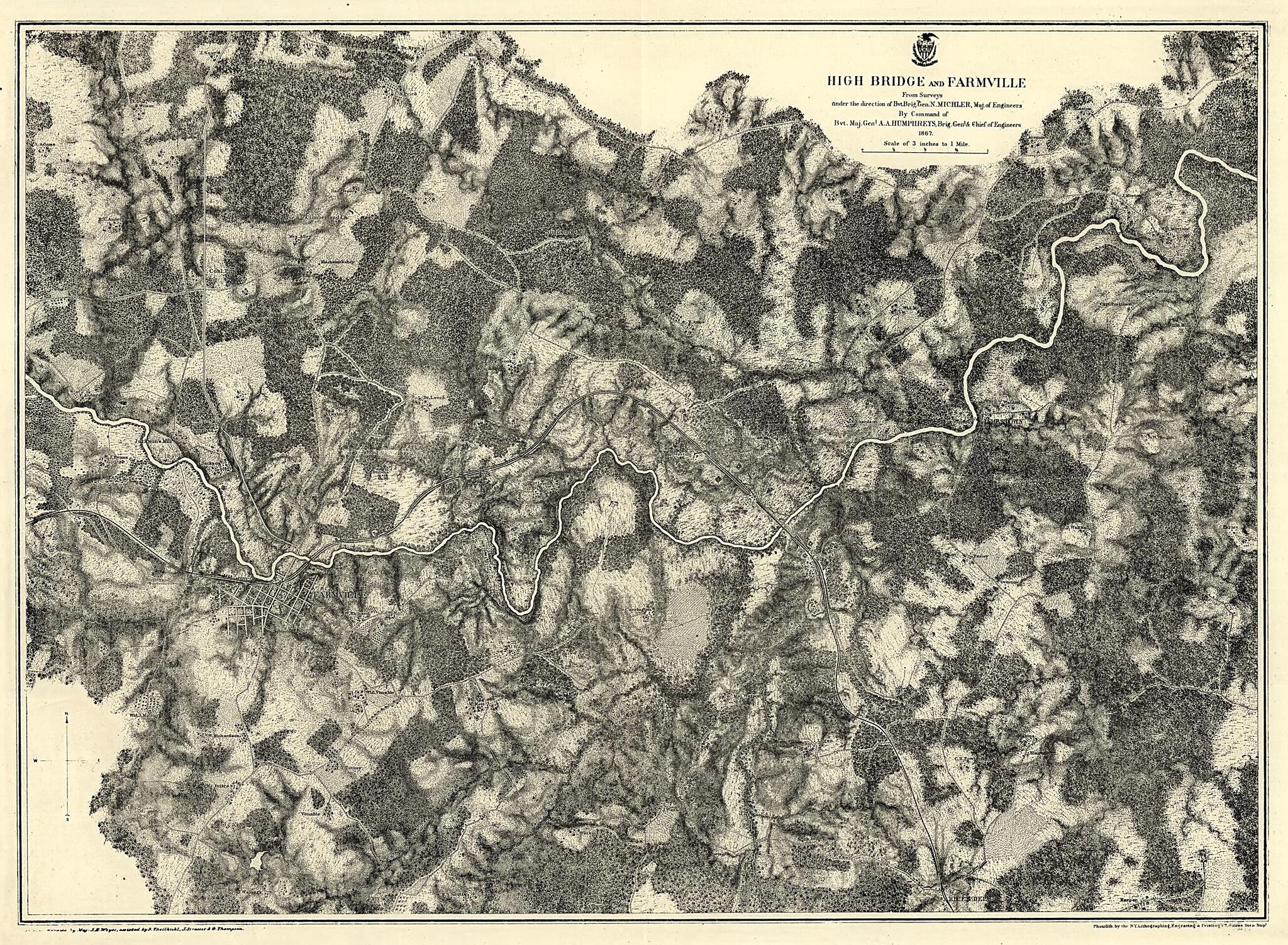 This old map of High Bridge and Farmville. 1865 from 1867 was created by N. (Nathaniel) Michler in 1867