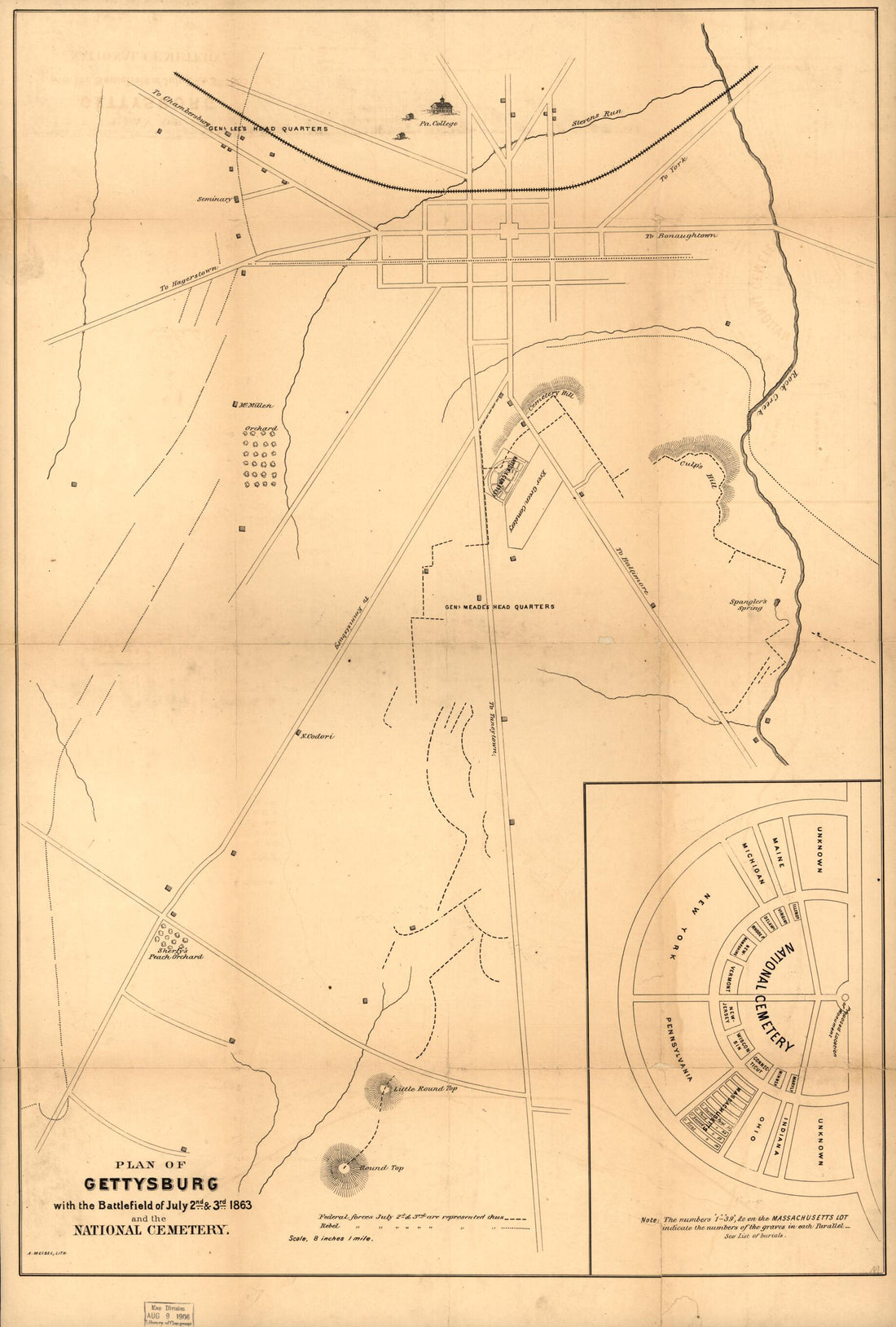 This old map of Plan of Gettysburg With the Battlefield of July 2nd &amp; 3rd, 1863 and the National Cemetery from 1800 was created by Augustus Meisel in 1800