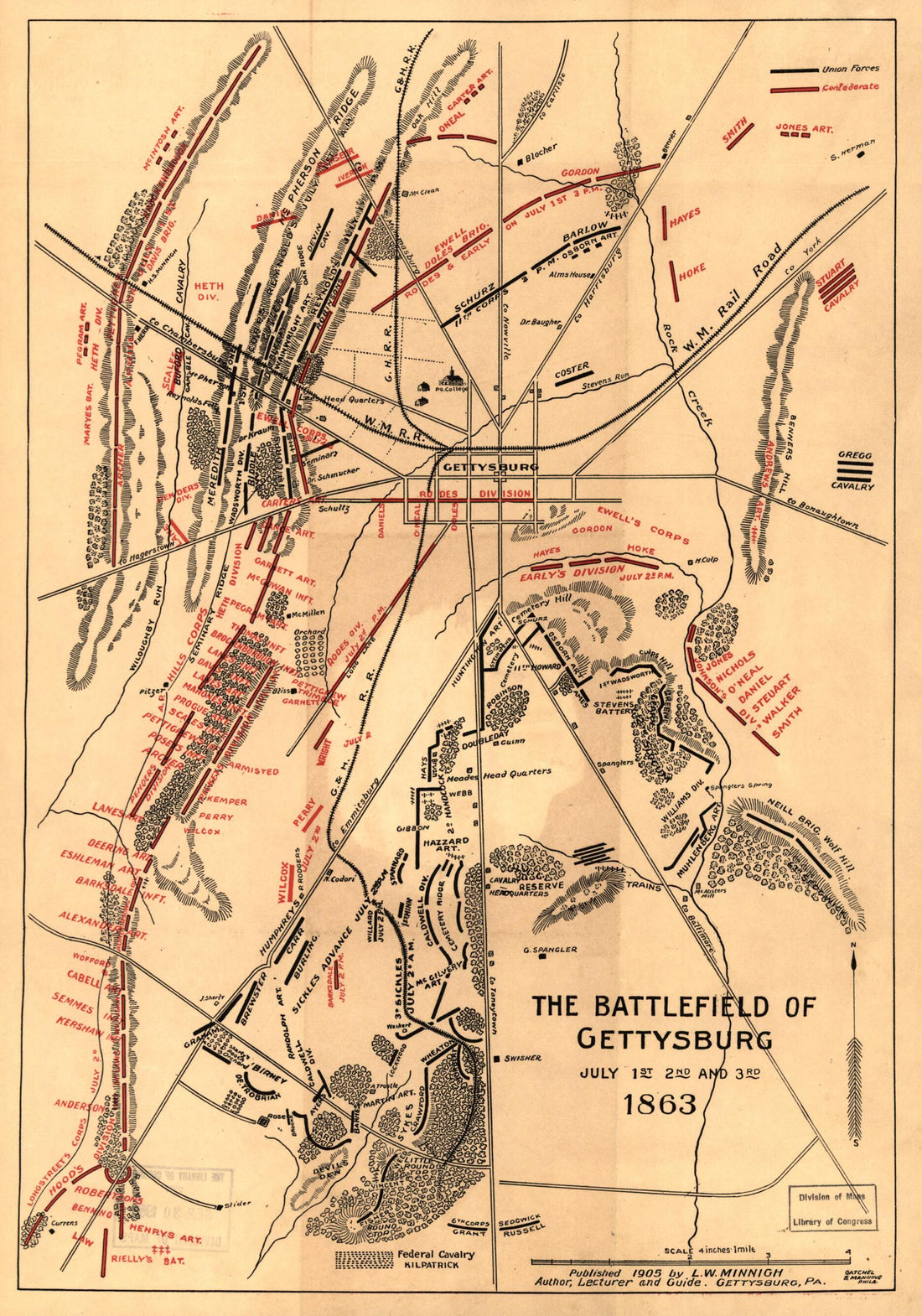 This old map of The Battlefield of Gettysburg, July 1st, 2nd and 3rd, 1863 from 1905 was created by Luther W. (Luther William) Minnigh in 1905