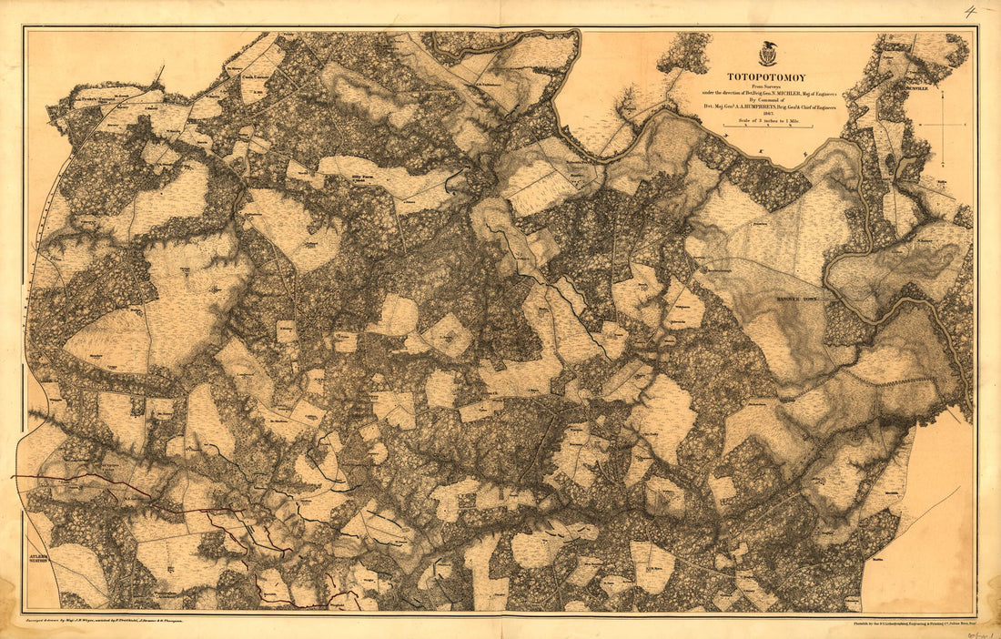 This old map of Totopotomoy 1864 from 1867 was created by N. (Nathaniel) Michler, J.E. Myers, J. Strasser, F. Theilkuhl, Gilbert Thompson,  United States Army of the Potomac in 1867