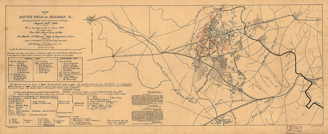 This old map of Field of Manassas, Va., Giving Positions and Movements of Troops August 30th, 1862 from 1878 was created by H. D. Garden, J. A. (John Andrew) Judson in 1878