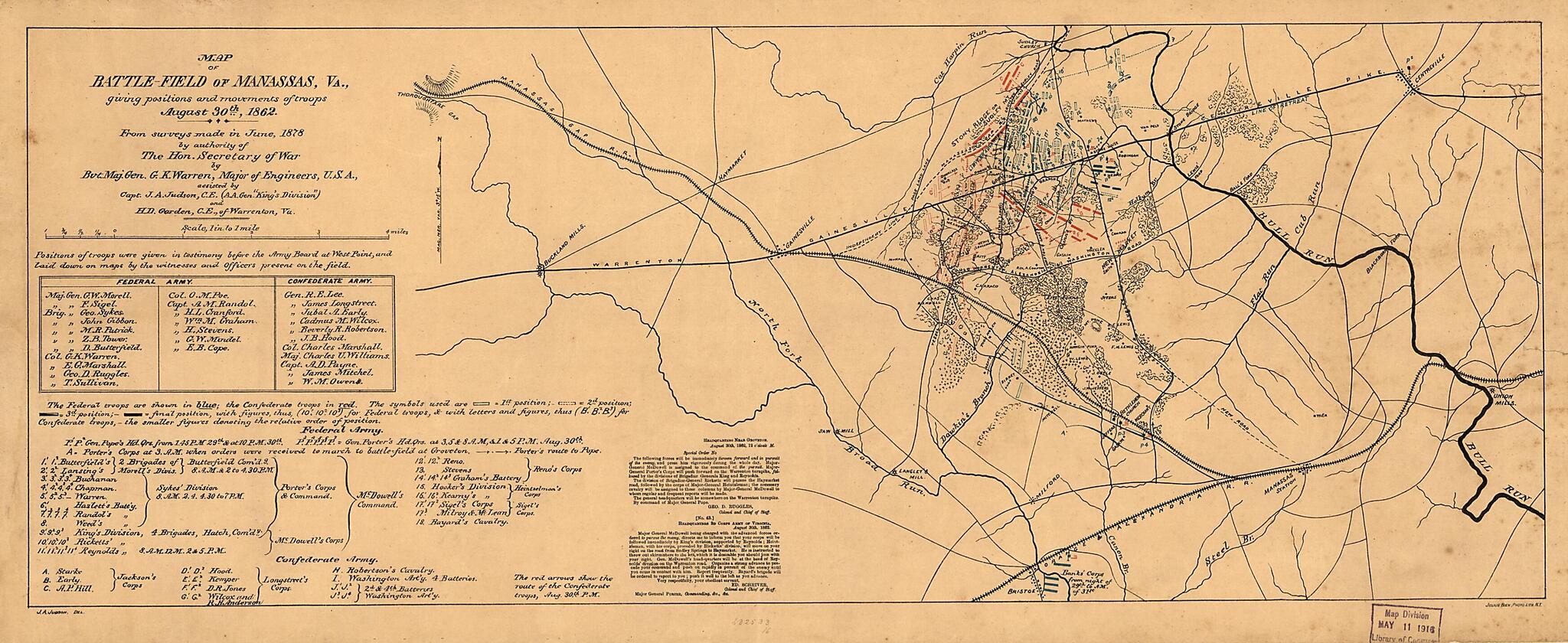 This old map of Field of Manassas, Va., Giving Positions and Movements of Troops August 30th, 1862 from 1878 was created by H. D. Garden, J. A. (John Andrew) Judson in 1878