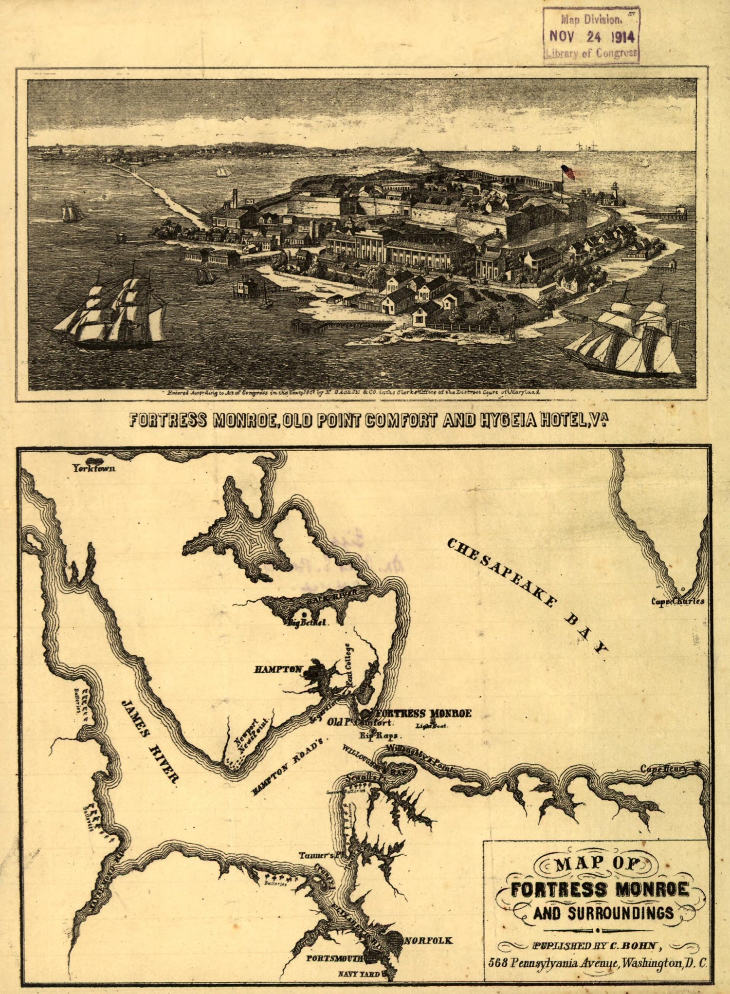 This old map of Map of Fortress Monroe and Surroundings from 1861 was created by Casimir Bohn in 1861