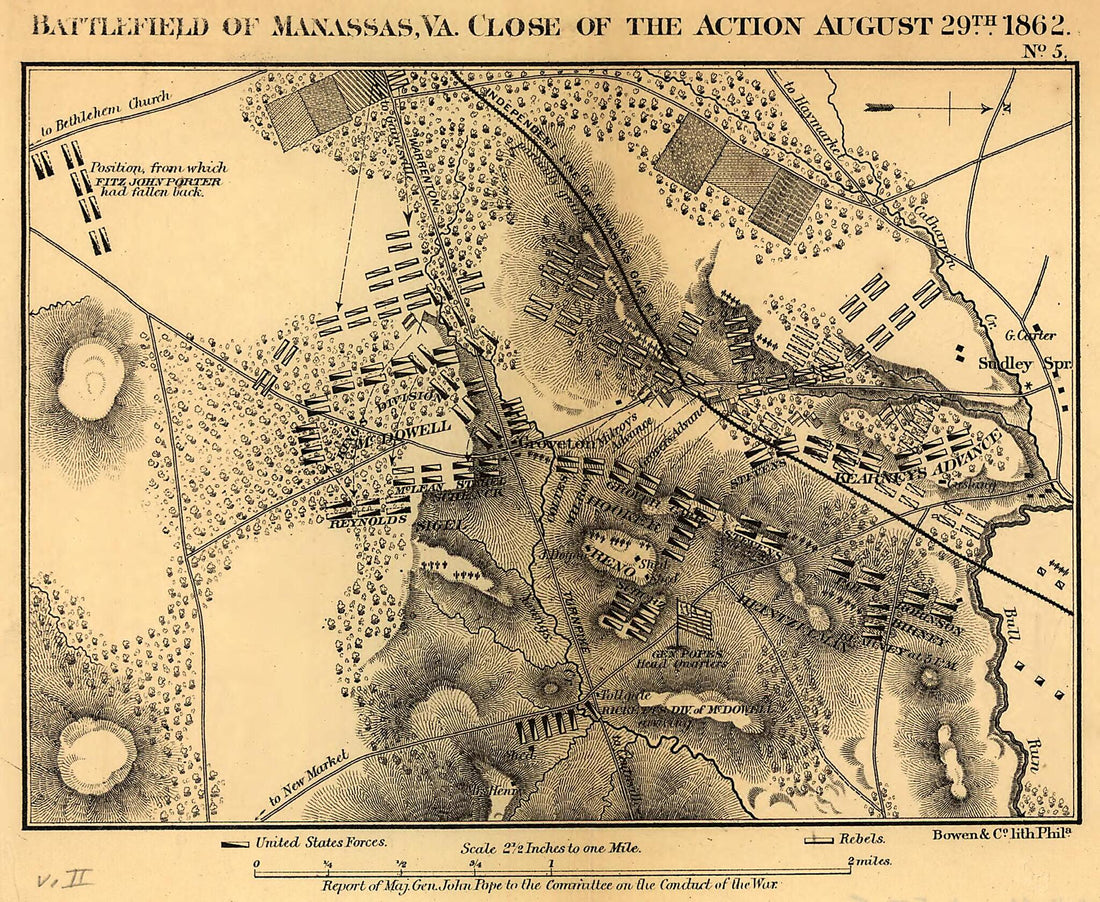 This old map of Battlefield of Manassas, Va. Close of the Action August 29th, 1862 from 1866 was created by John Pope in 1866