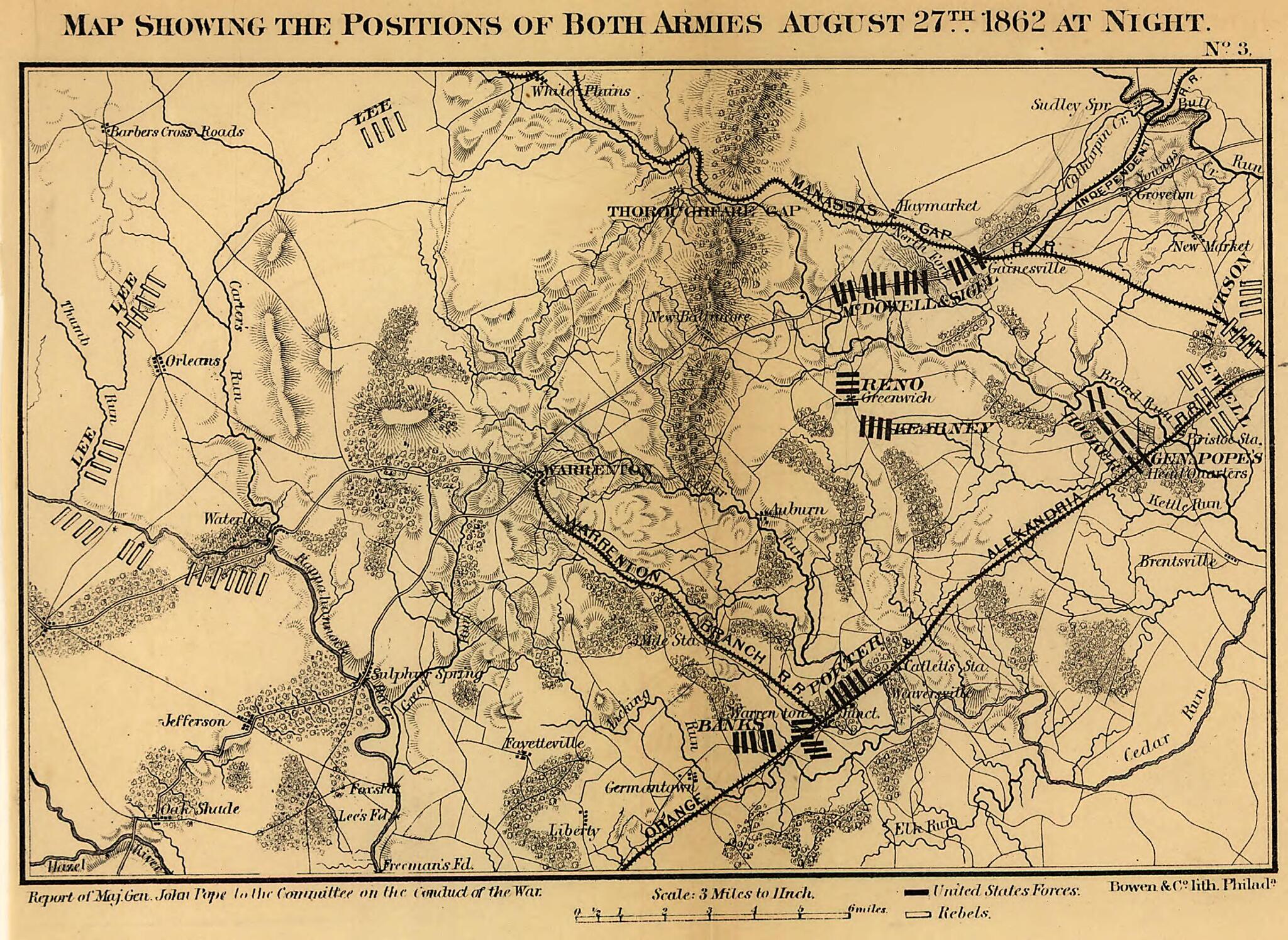 This old map of Map Showing the Positions of Both Armies August 27th, 1862 at Night. Second Manassas Battle from 1866 was created by John Pope in 1866