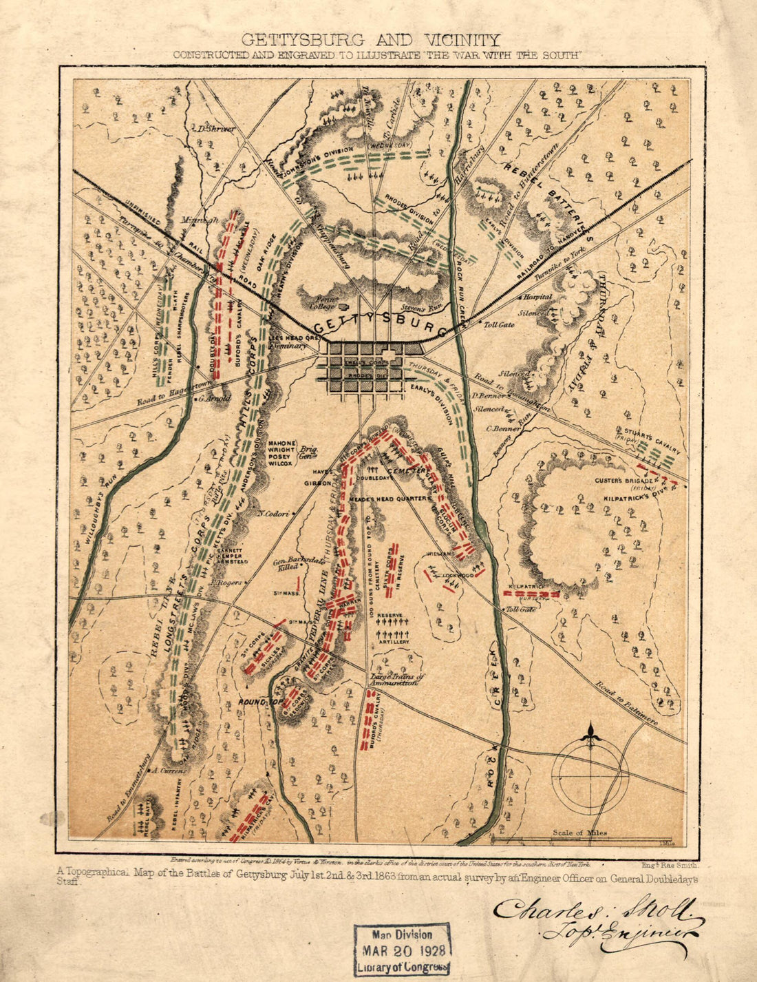 This old map of Gettysburg and Vicinity. Constructed and Engraved to Illustrate The War With the South from 1863 was created by Charles Sholl in 1863