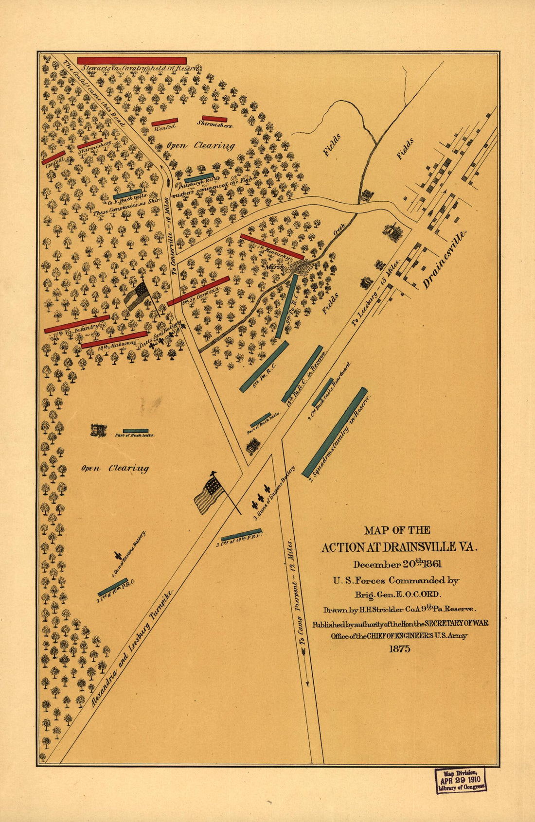 This old map of Map of the Action at Drainsville, Va., December 20th from 1861. U.S. Forces Commanded by Brig Gen. E. O. C. Ord was created by H. H. Strickler in 1861
