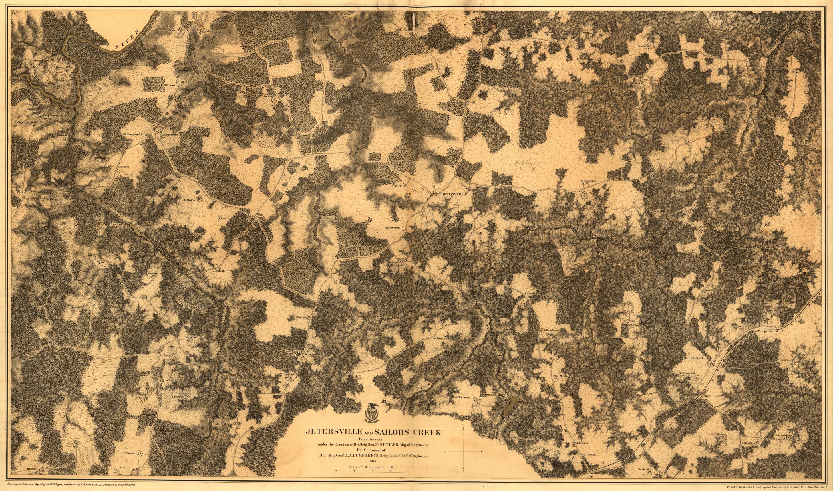 This old map of Jetersville and Sailors Creek. 1865 from 1867 was created by N. (Nathaniel) Michler in 1867