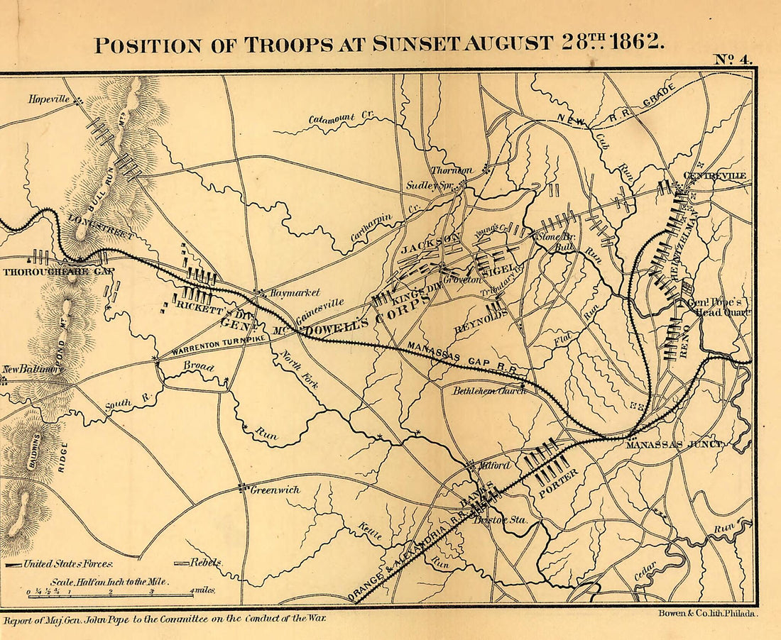 This old map of Position of Troops at Sunset August 28th, 1862. Second Manassas Battle from 1866 was created by John Pope in 1866