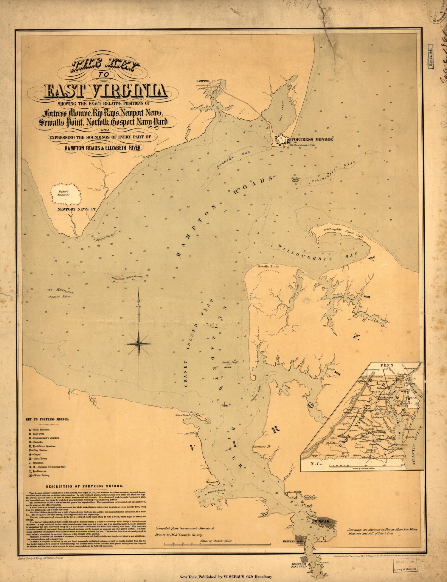 This old map of The Key to East Virginia Showing the Exact Relative Positions of Fortress Monroe, Rip Raps, Newport News, Sewalls sic Point, Norfolk, Gosport Navy Yard and Expressing the Soundings of Every Part of Hampton Roads &amp; Elizabeth River from 186