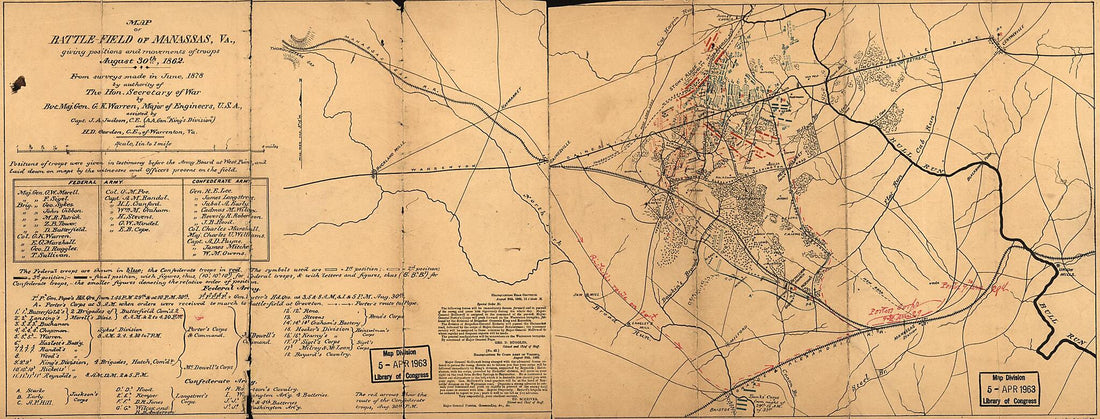 This old map of Field of Manassas, Va., Giving Positions and Movements of Troops, August 30th, 1862 from 1878 was created by H. D. Garden, J. A. (John Andrew) Judson, G. K. (Gouverneur Kemble) Warren in 1878