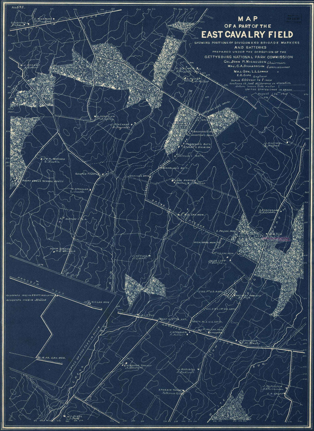 Map of a Part of the East Cavalry Field Showing Positions of Division and Brigade Markers and Batteries 1910 by Relic Map Company