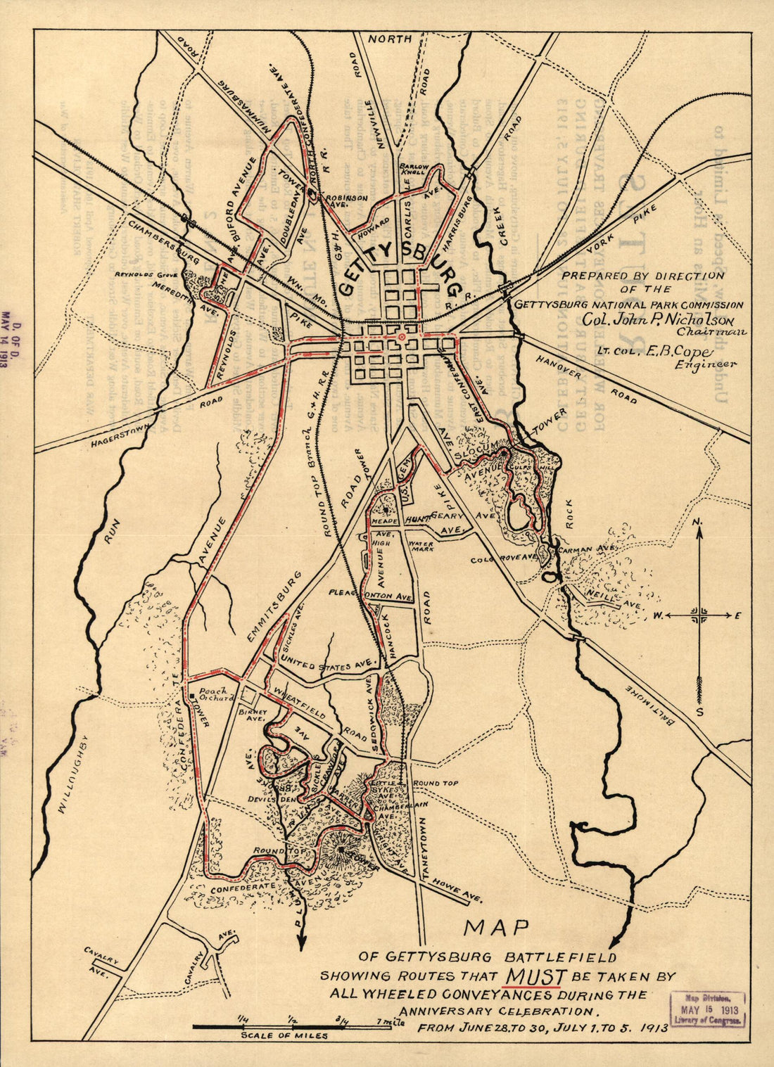 This old map of Map of Gettysburg Battlefield Showing Routes That Must Be Taken by All Wheeled Conveyances During the Anniversary Celebration, from June 28 to June 30, July 1 to 5, from 1913 was created by  Gettysburg National Military Park Commission in