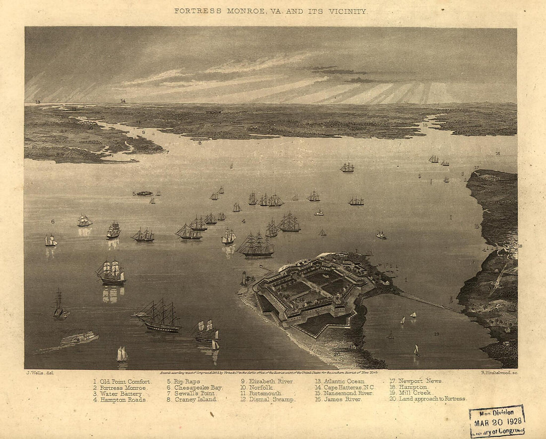 This old map of Fortress Monroe, Va. and Its Vicinity from 1862 was created by Jacob Wells in 1862