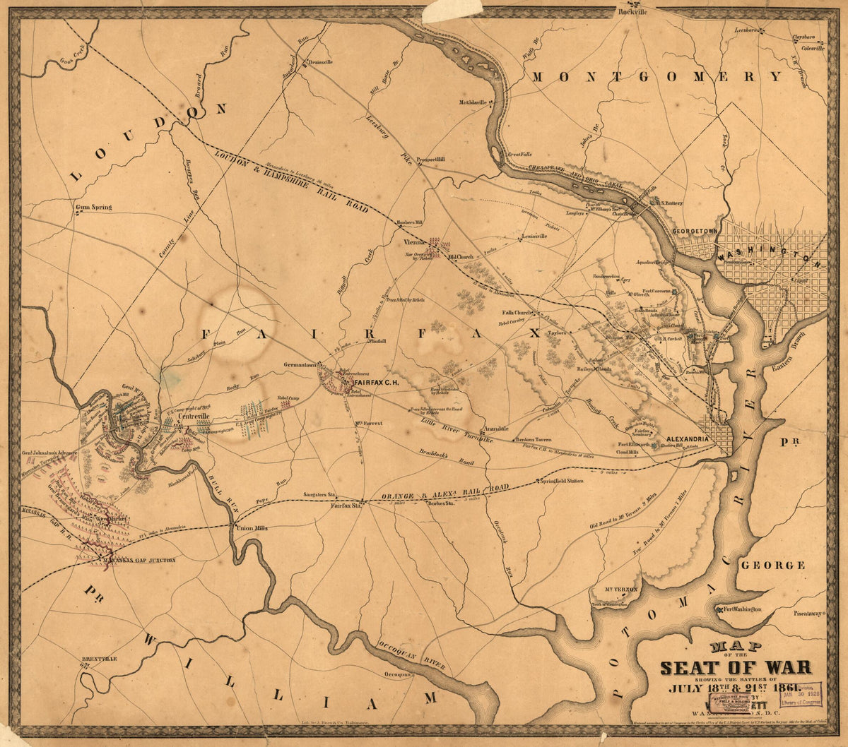 Map of the Seat of War Showing the Battles of July 18th &amp; 21st 1861 by Relic Map Company
