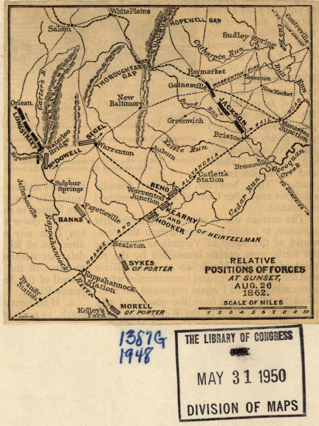 This old map of Relative Positions of Forces at Sunset, Aug. 26, 1862. 2nd Manassas Campaign from 1886 was created by Jacob Wells in 1886