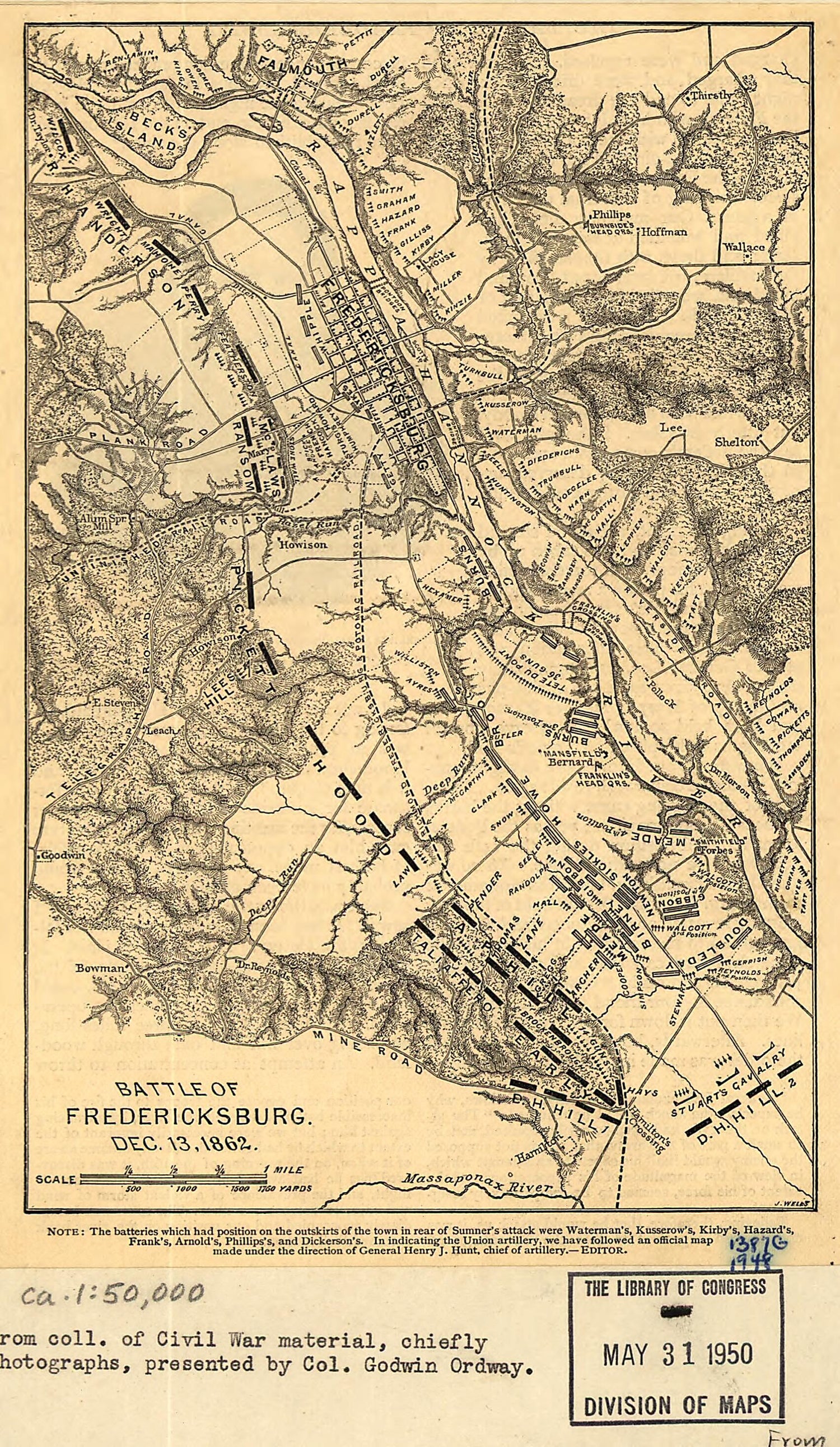 This old map of Battle of Fredericksburg. Dec. 13, from 1862 was created by Jacob Wells in 1862