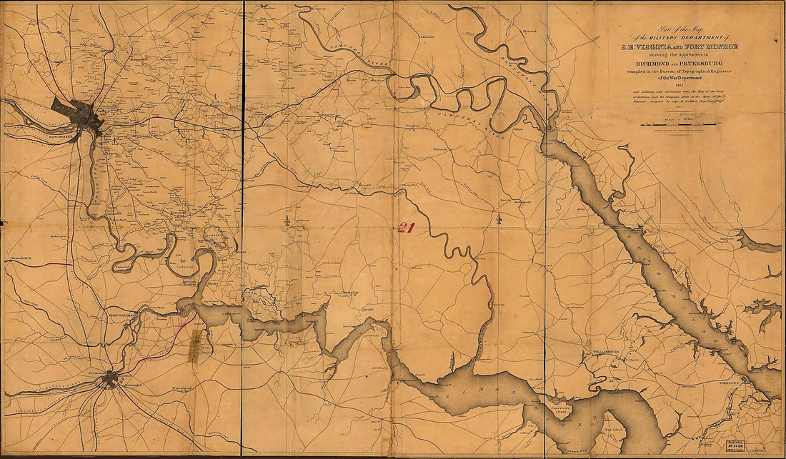 This old map of Part of the Map of the Military Department of S.E. Virginia and Fort Monroe, Showing the Approaches to Richmond and Petersburg from 1862 was created by  United States. Army. Corps of Engineers in 1862