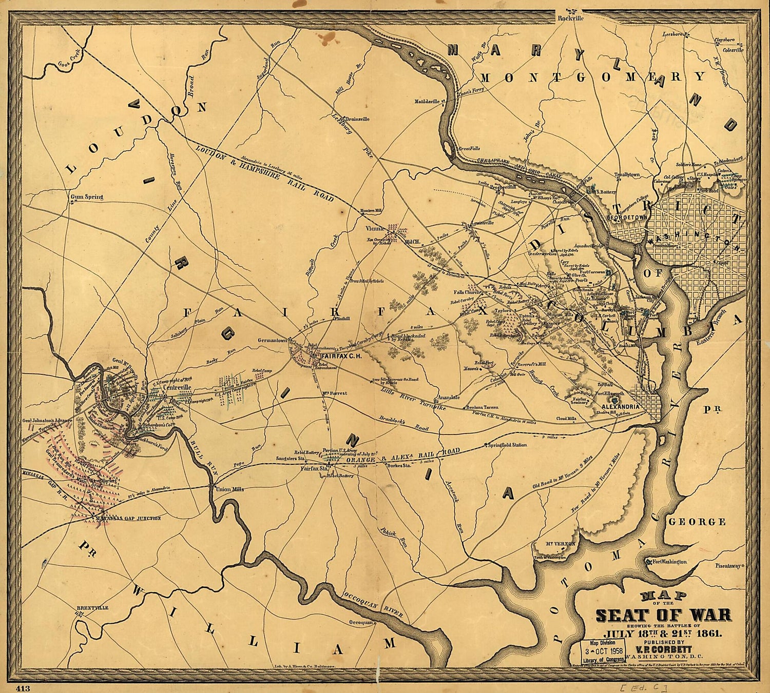 This old map of Map of the Seat of War Showing the Battles of July 18th &amp; 21st from 1861 was created by V. P. Corbett in 1861