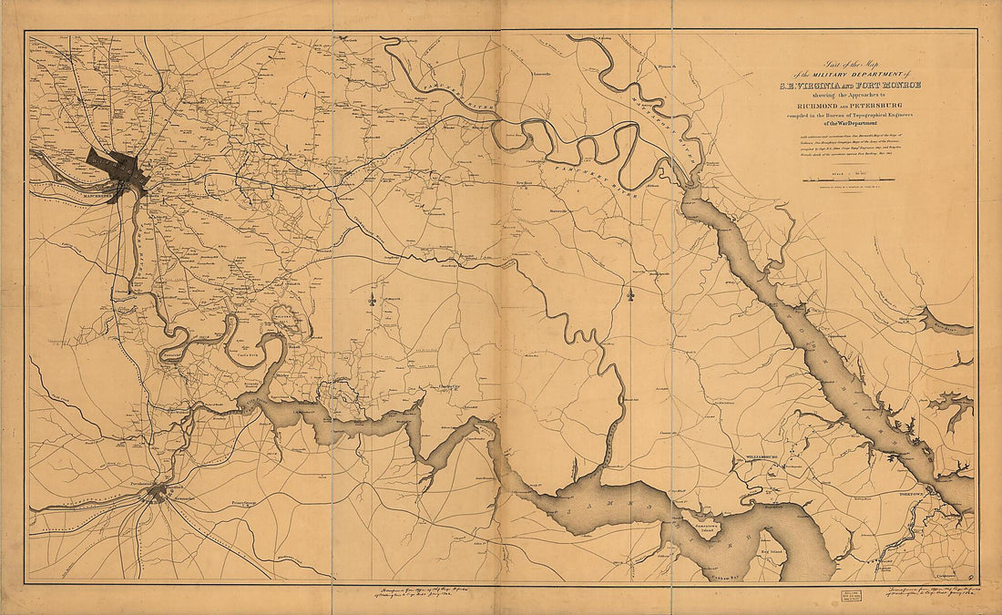 This old map of Part of the Map of the Military Department of S.E. Virginia and Fort Monroe Showing the Approaches to Richmond and Petersburg from 1862 was created by  United States. Army. Corps of Engineers in 1862