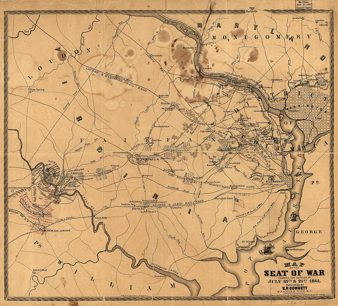This old map of Map of the Seat of War Showing the Battles of July 18th &amp; 21st from 1861 was created by V. P. Corbett in 1861