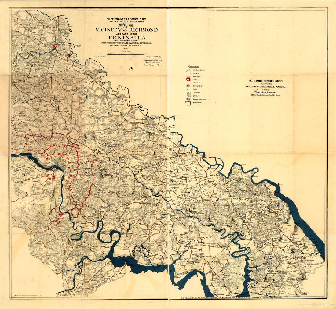 This old map of Map of the Vicinity of Richmond and Part of the Peninsula from 1864 was created by T. Sewell Ball, Albert H. (Albert Henry) Campbell in 1864