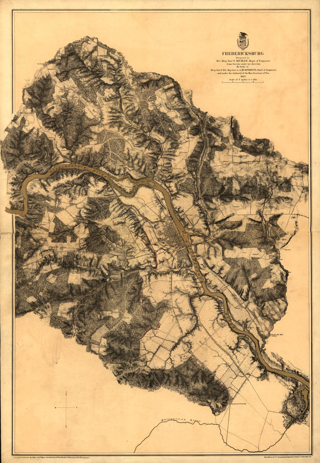 This old map of Fredericksburg. Dec. 1862 from 1867 was created by N. (Nathaniel) Michler in 1867