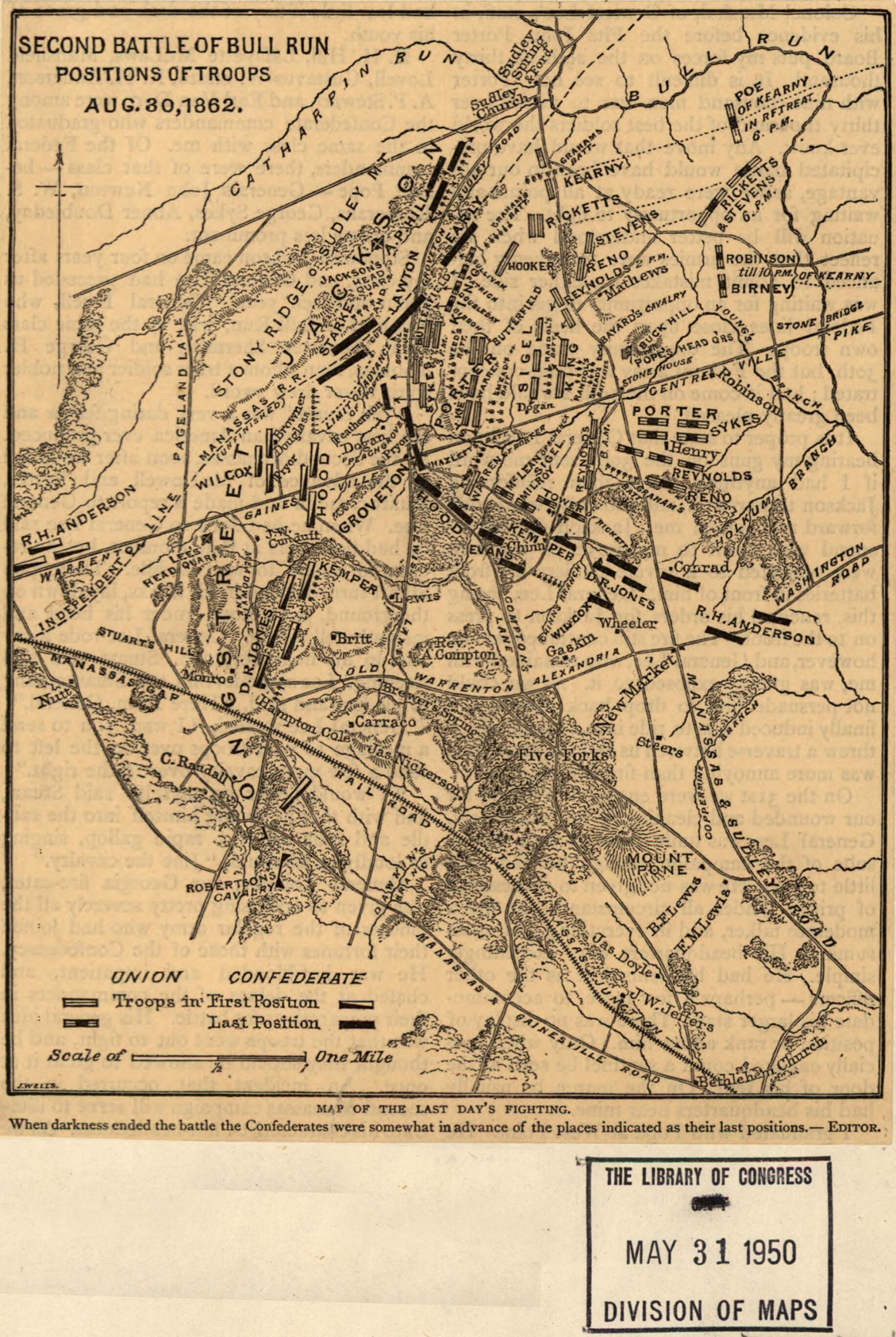 This old map of Second Battle of Bull Run. Positions of Troops Aug. 30, 1862 from 1886 was created by Jacob Wells in 1886