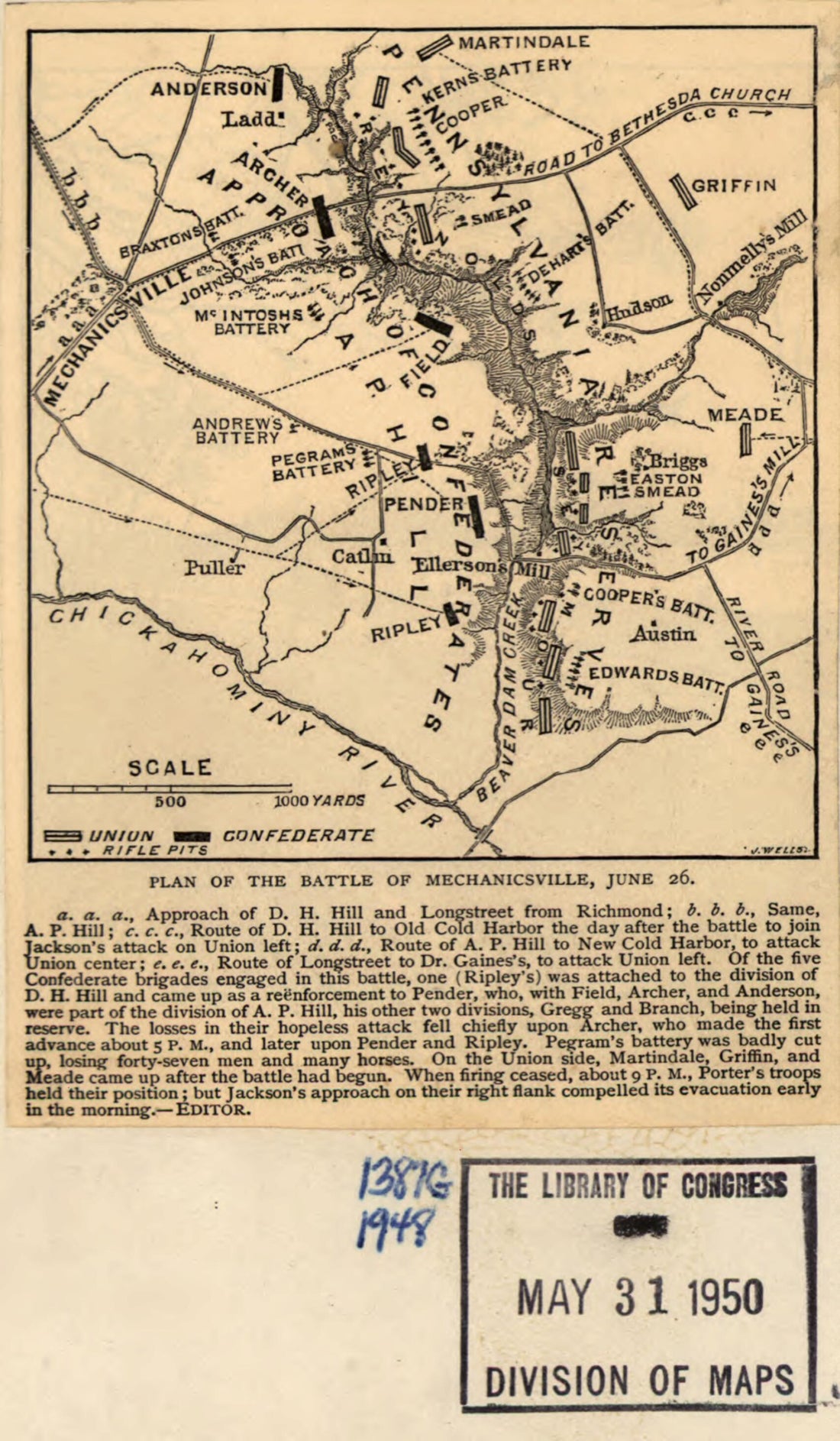 This old map of Plan of the Battle of Mechanicsville, June 26 1862 from 1885 was created by Jacob Wells in 1885