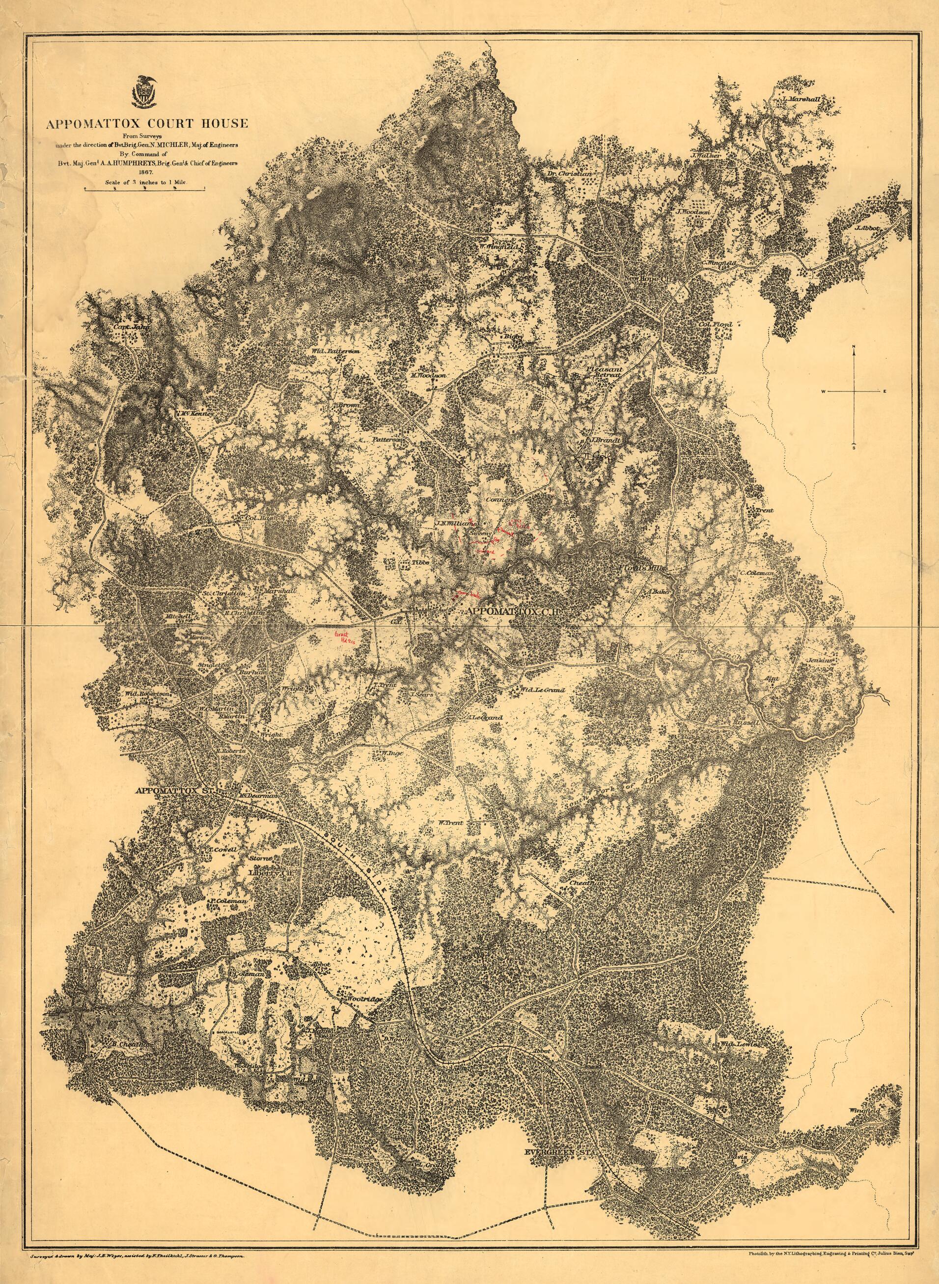 This old map of Appomattox Court House. 1865 from 1867 was created by N. (Nathaniel) Michler, J. E. Weyss in 1867