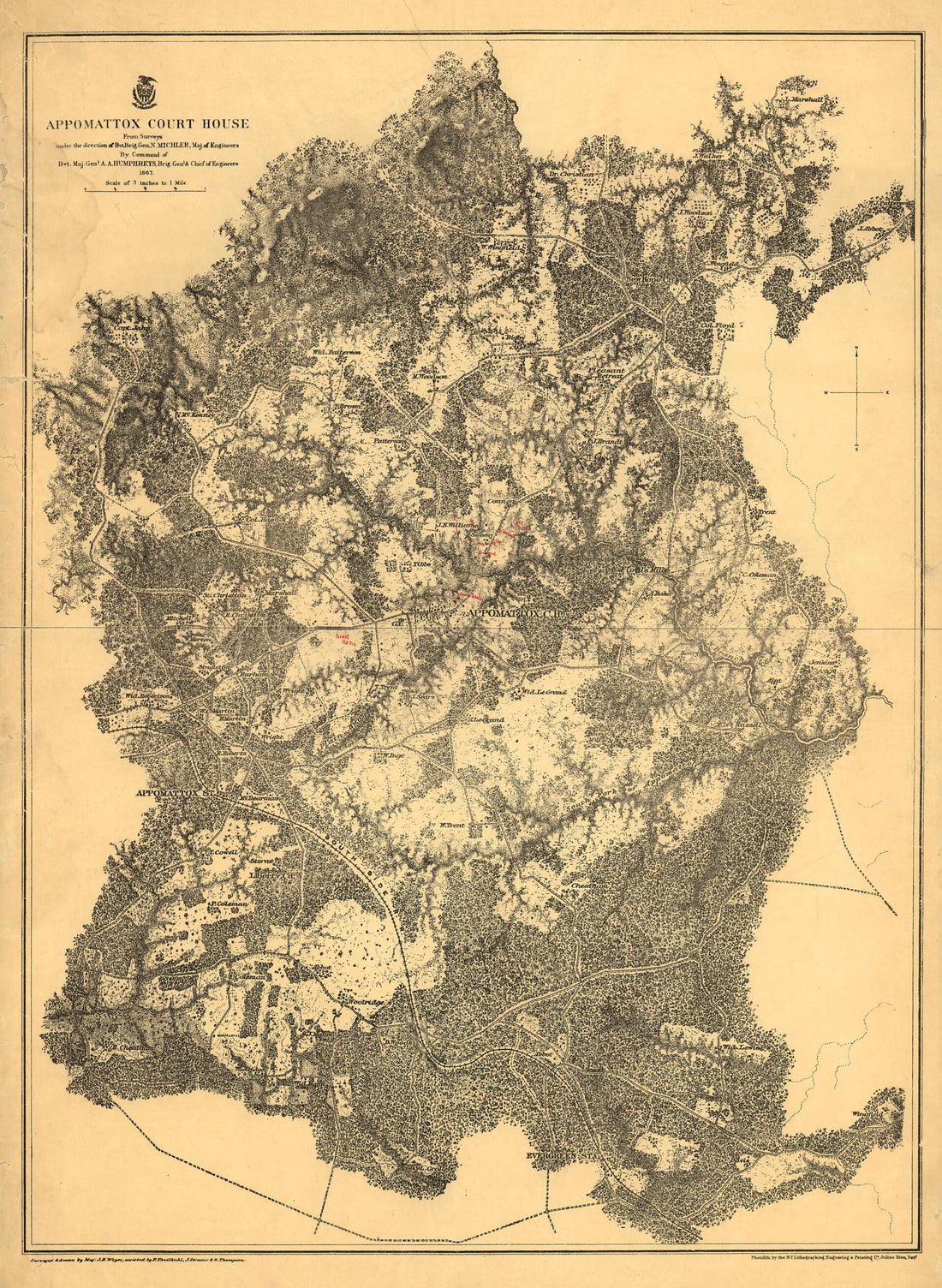 This old map of Appomattox Court House. 1865 from 1867 was created by N. (Nathaniel) Michler, J. E. Weyss in 1867