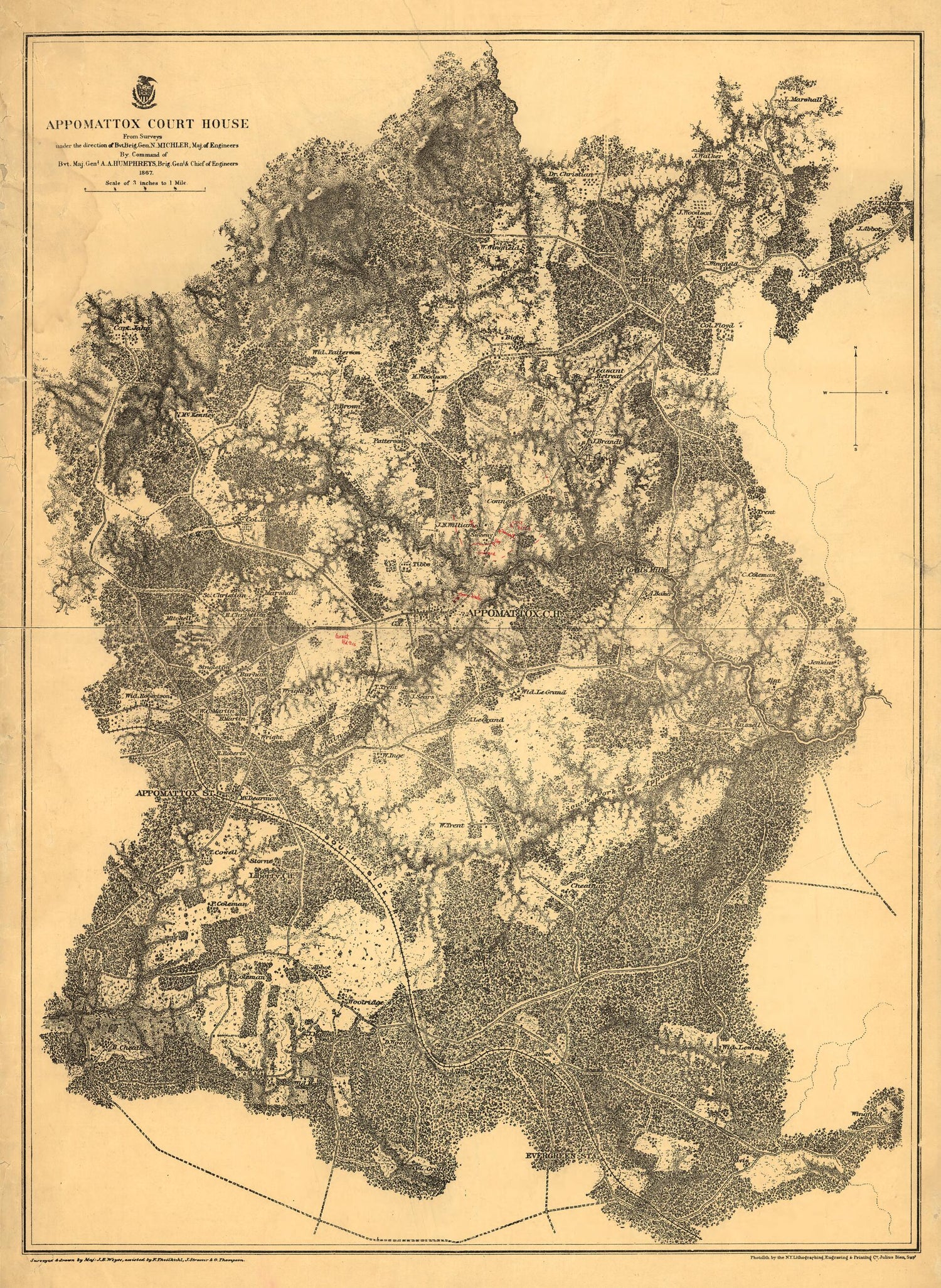 This old map of Appomattox Court House. 1865 from 1867 was created by N. (Nathaniel) Michler, J. E. Weyss in 1867