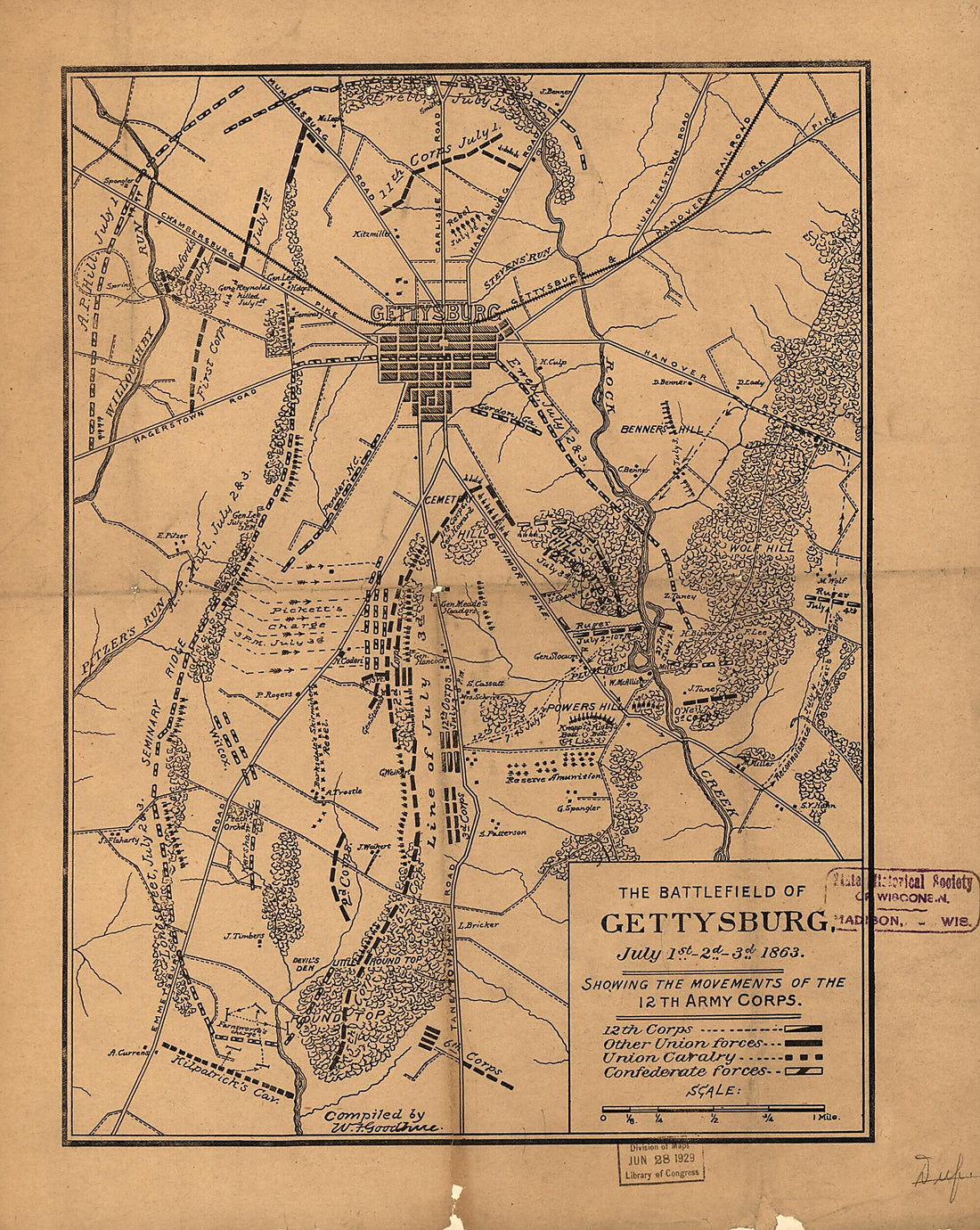 This old map of The Battlefield of Gettysburg, July 1st, 2d, 3d, from 1863, Showing the Movements of the 12th Army Corps was created by W. F. Goodhue in 1863