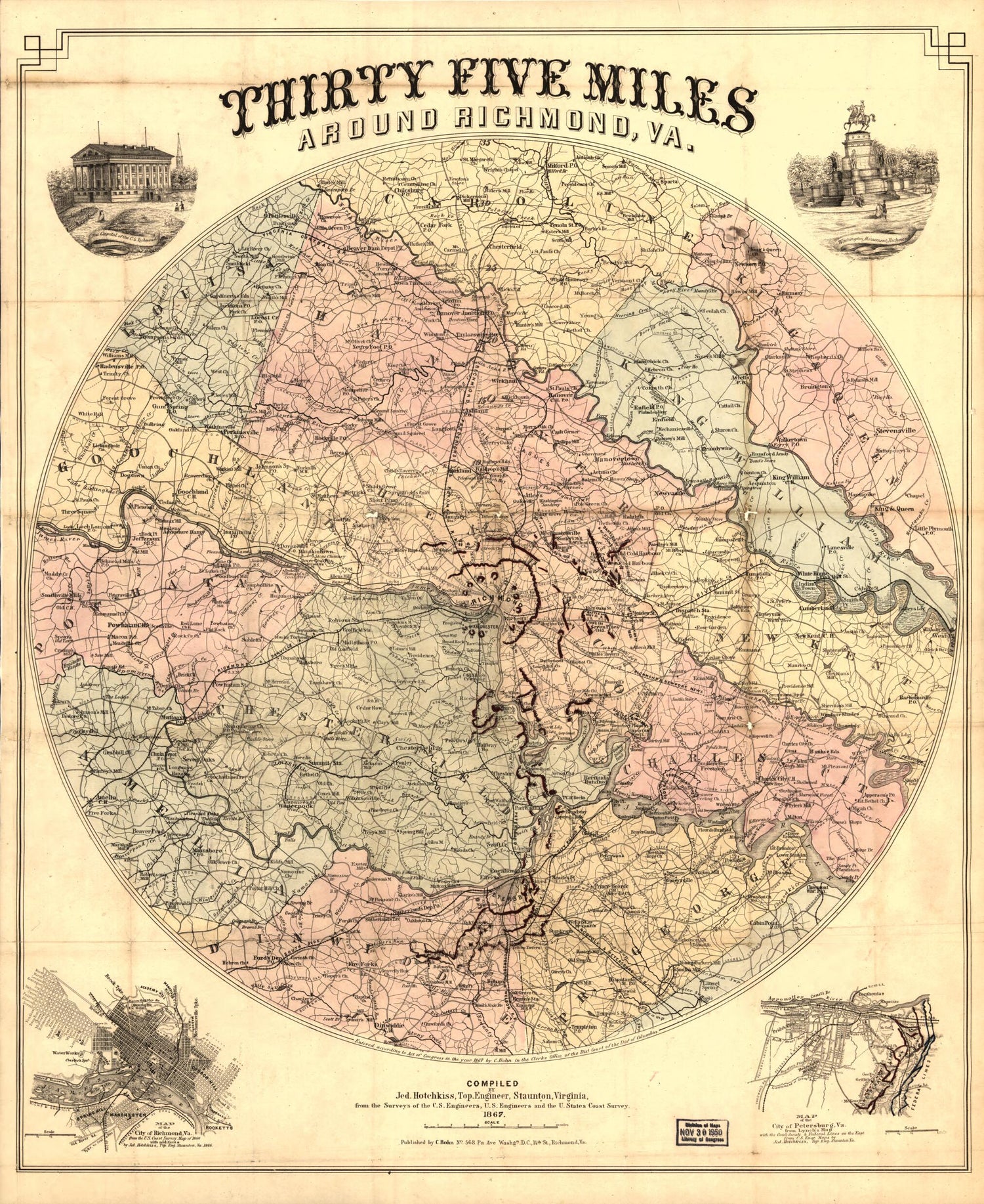 This old map of Thirty Five Miles Around Richmond, Va from 1867 was created by Casimir Bohn, Jedediah Hotchkiss in 1867