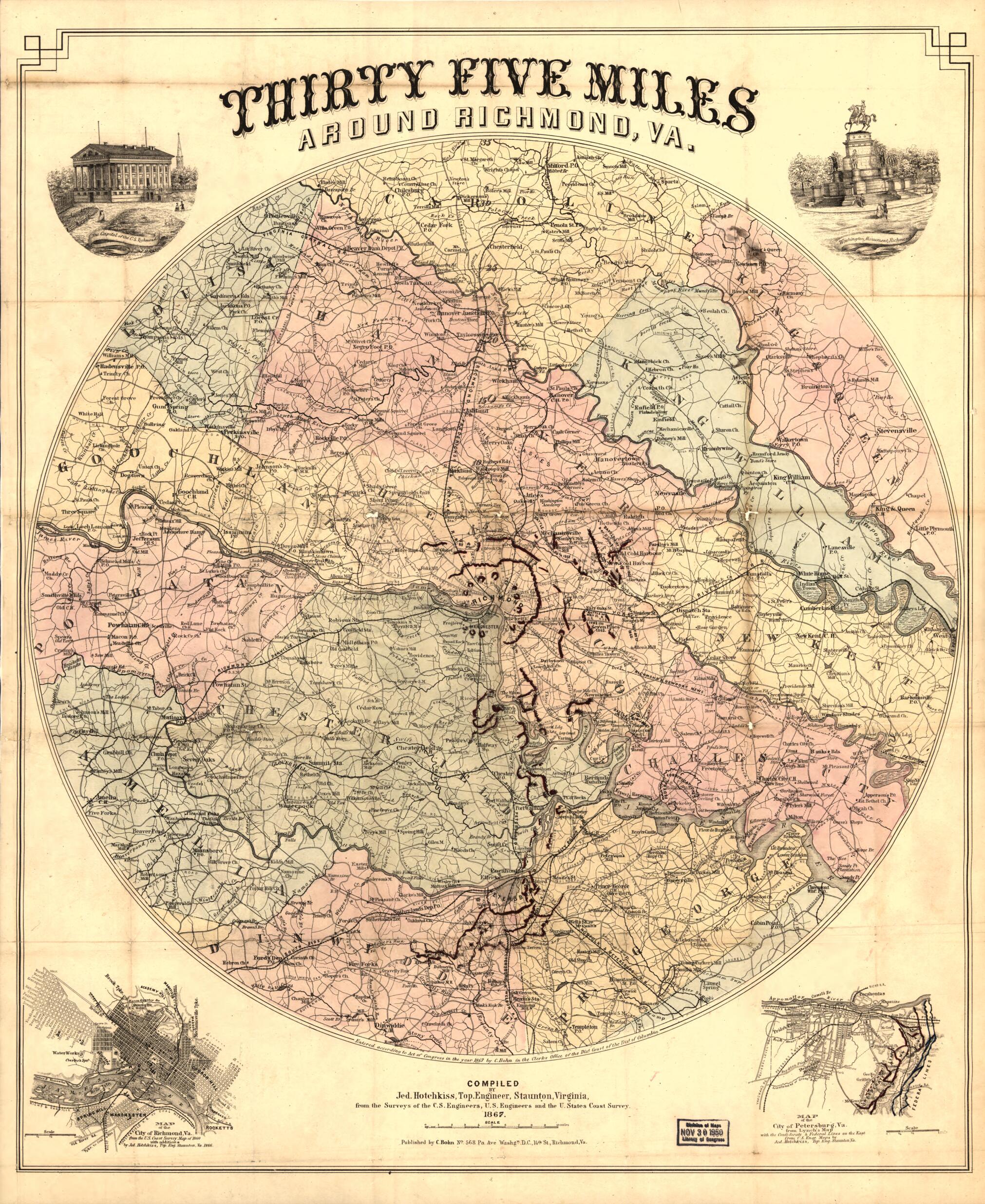 This old map of Thirty Five Miles Around Richmond, Va from 1867 was created by Casimir Bohn, Jedediah Hotchkiss in 1867