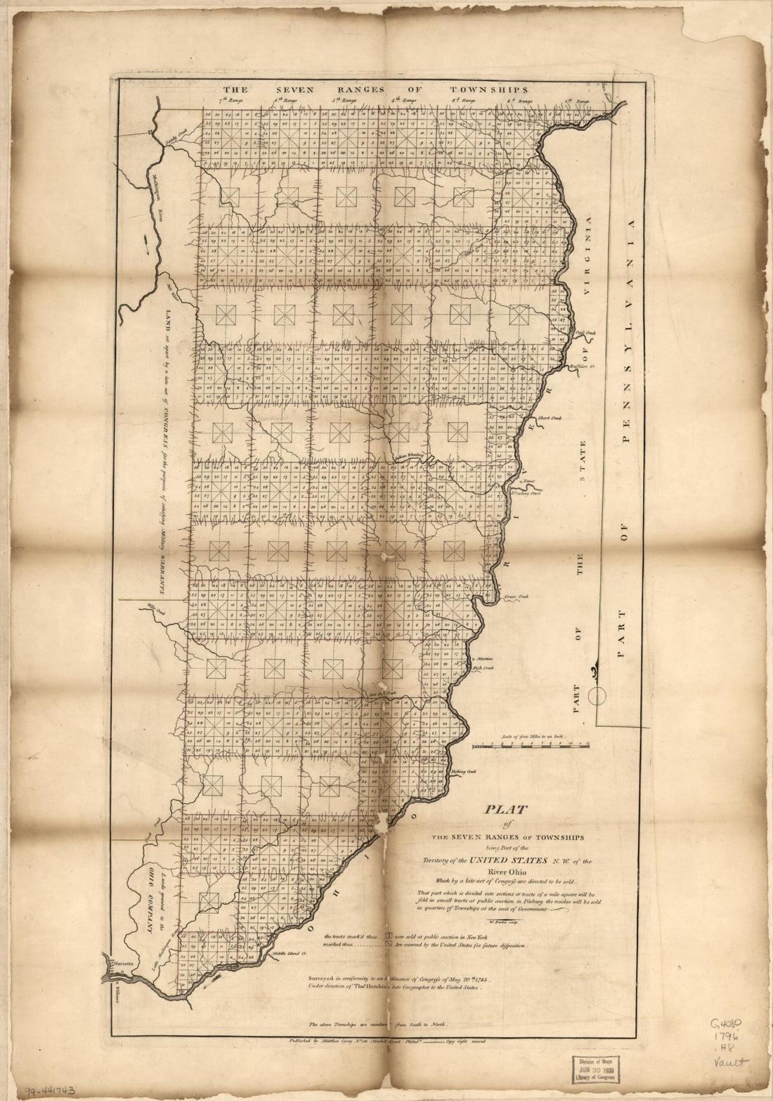 This old map of Plat of the Seven Ranges of Townships Being Part of the Territory of the United States, N.W. of the River Ohio from 1796 was created by W. (William) Barker, Mathew Carey, Thomas Hutchins in 1796
