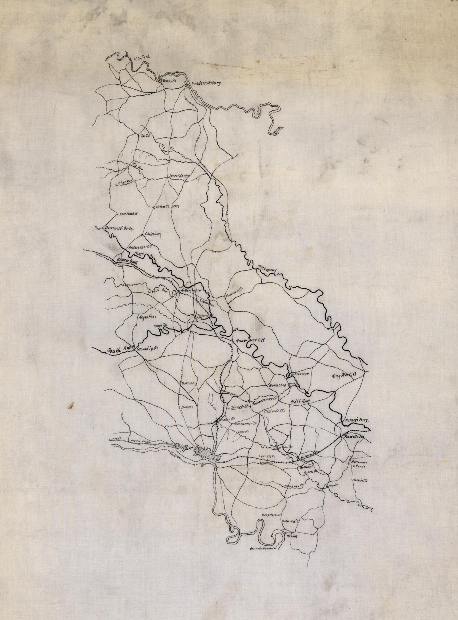 This old map of Map of Country Between Fredericksburg and Richmond, Virginia, Showing Roads, Railroads, and Some Place Names from 1861 was created by  in 1861