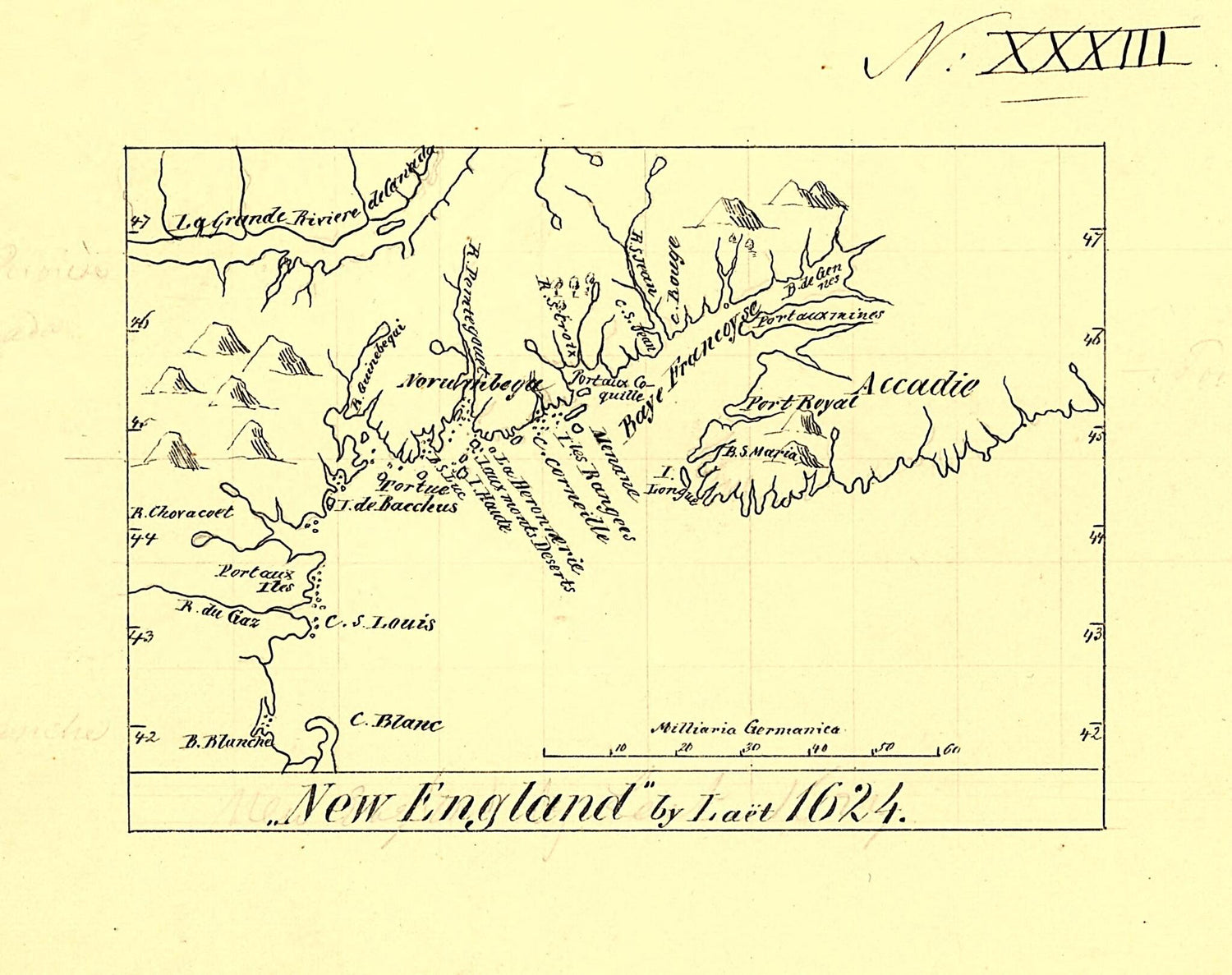 This old map of New England from 1624 was created by Joannes De Laet in 1624
