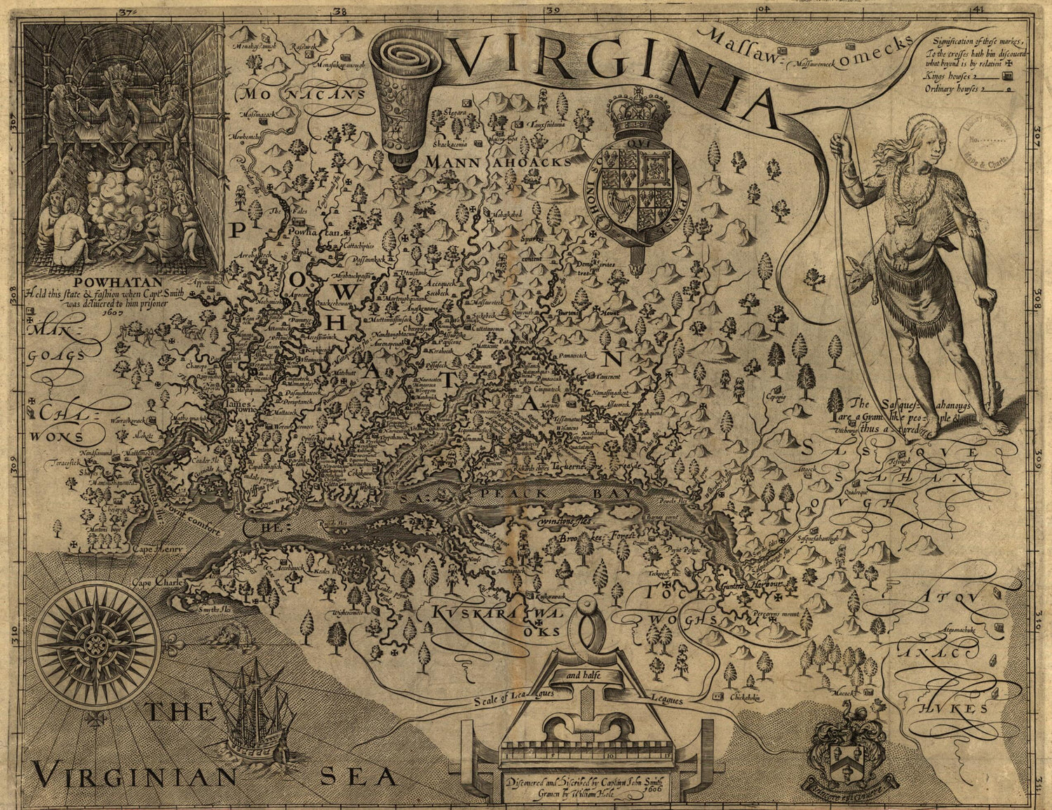 This old map of Virginia from 1624 was created by William Hole, John Smith in 1624