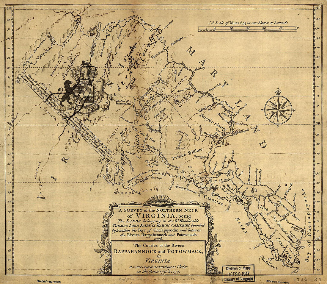 This old map of A Survey of the Northern Neck of Virginia, Being the Lands Belonging to the Rt. Honourable Thomas Lord Fairfax Baron Cameron, Bounded by &amp; Within the Bay of Chesapoyocke and Between the Rivers Rappahannock and Potowmack: With the Courses 