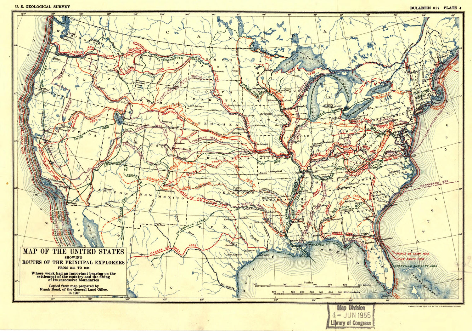 This old map of Map of the United States Showing Routes of Principal Explorers, from 1501 to 1844 from 1907 was created by Frank Bond in 1907