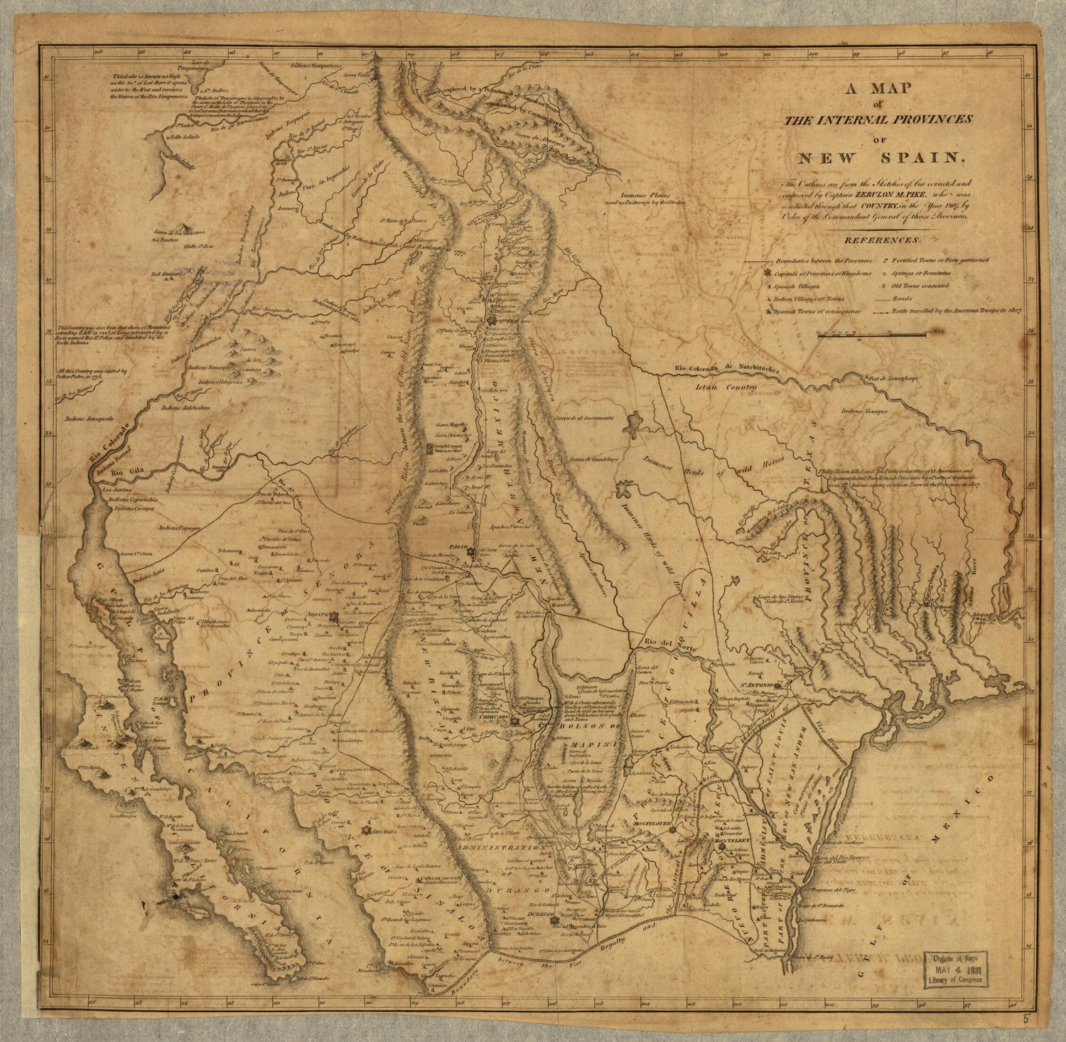 This old map of A Map of the Internal Provinces of New Spain from 1807 was created by Zebulon Montgomery Pike in 1807