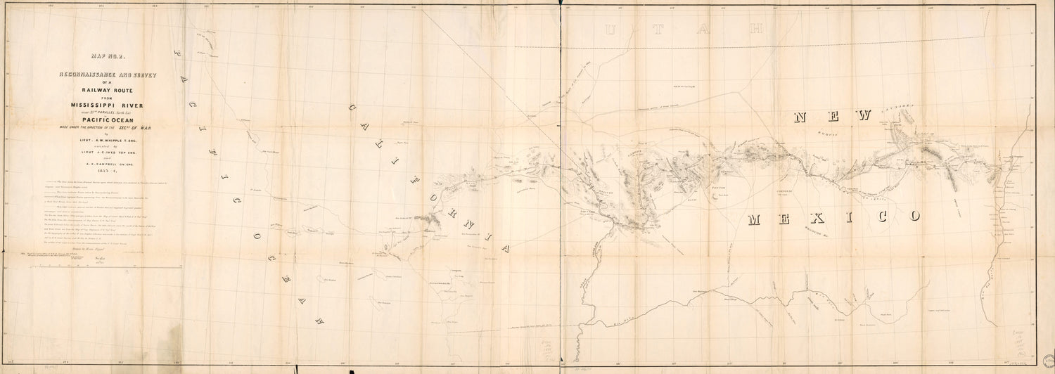 This old map of Reconnaissance and Survey of a Railway Route from Mississippi River, Near 35th Parallel North Lat., Pacific Ocean from 1855 was created by A. W. Whipple in 1855