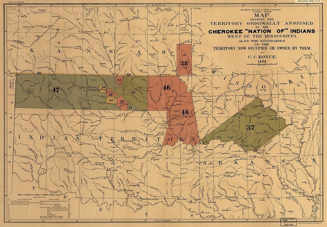 This old map of Map of the Former Territorial Limits of the Cherokee Nation Of Indians ; Map Showing the Territory Originally Assigned Cherokee Nation Of Indians from 1884 was created by C. C. Royce in 1884