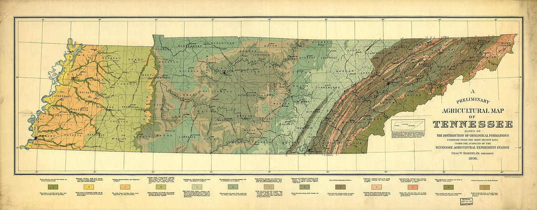 This old map of A Preliminary Agricultural Map of Tennessee Based On the Distribution of Geological Formations from 1896 was created by Knoxville. Agricultural Experiment Station University of Tennessee in 1896
