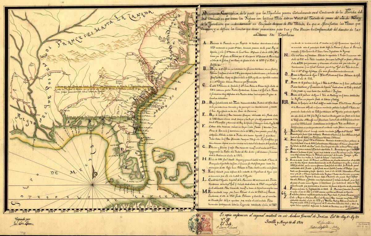 Descripcion Geographica De La Parte Que Los Españoles Poseen Actualmente En El Continente De La Florida Del Del Dominio En Que Estan Los Ingleses Con Legitimo Titulo Solo En Virtud Del Tratado De Pases Del Año De 1670 Y De La Jurisdicion Que Indevid... by Relic Map Company