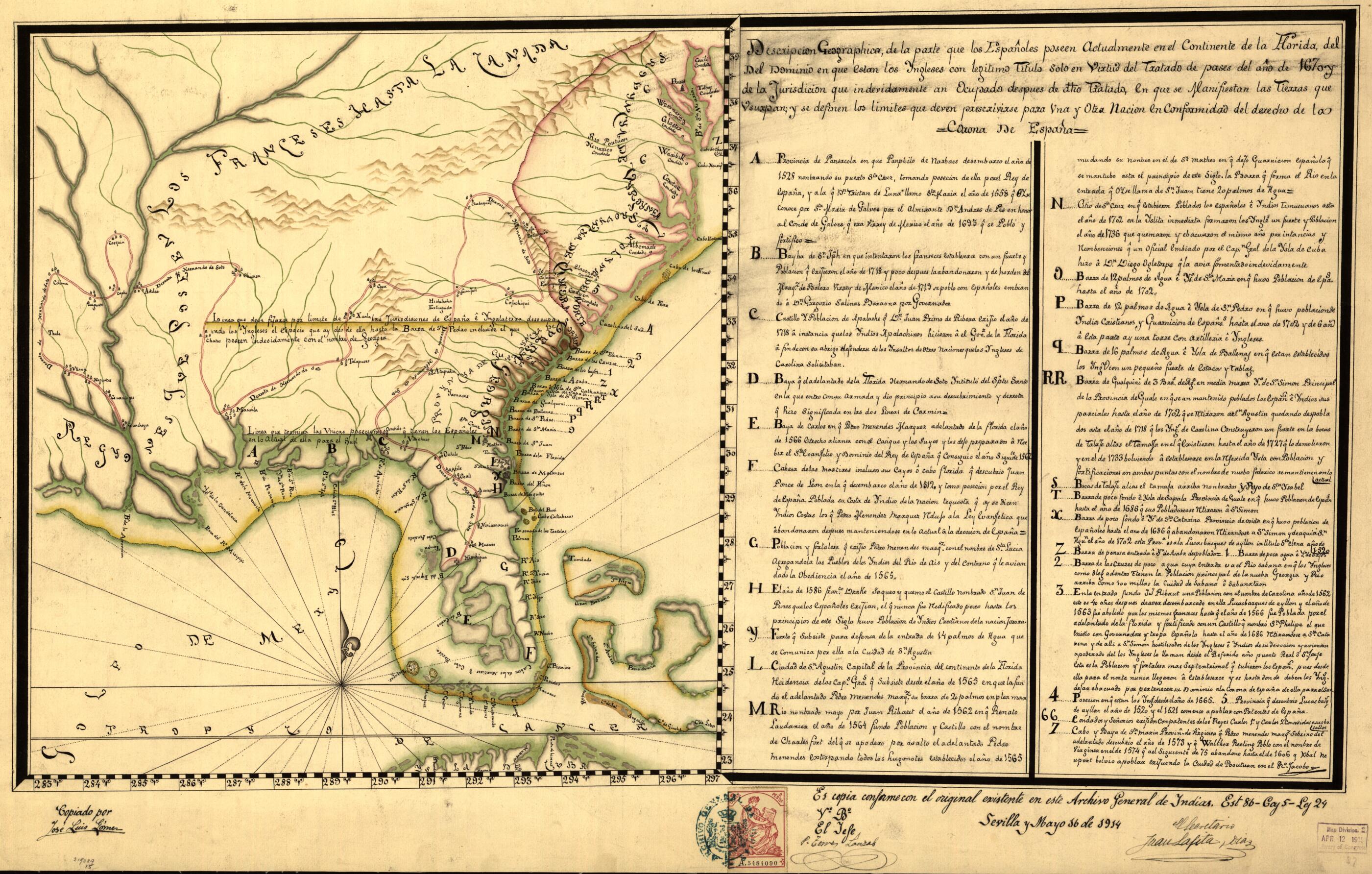 This old map of Descripcion Geographica De La Parte Que Los Españoles Poseen Actualmente En El Continente De La Florida Del Del Dominio En Que Estan Los Ingleses Con Legitimo Titulo Solo En Virtud Del Tratado De Pases Del Año De 1670 Y De La Jurisdicio